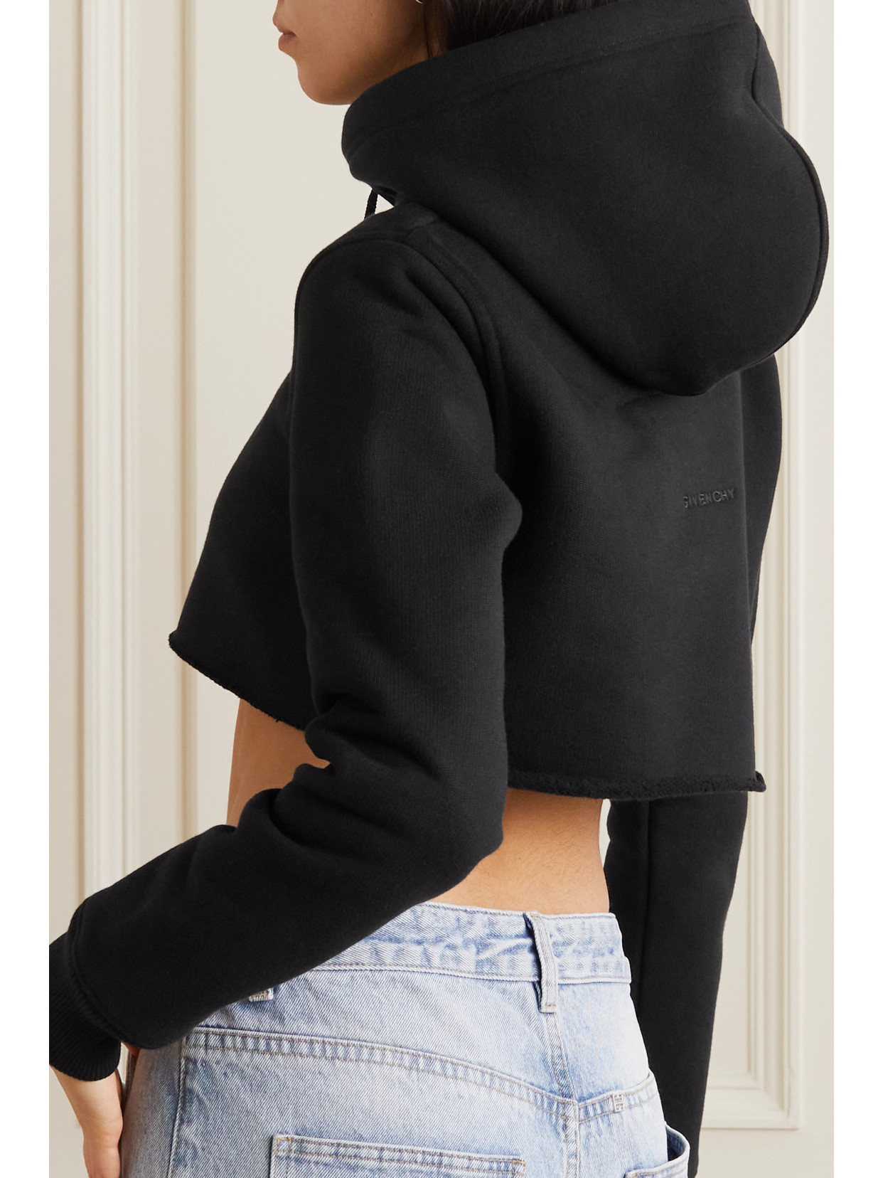 Shop Givenchy Cropped Embroidered Cotton-jersey Hoodie In Black