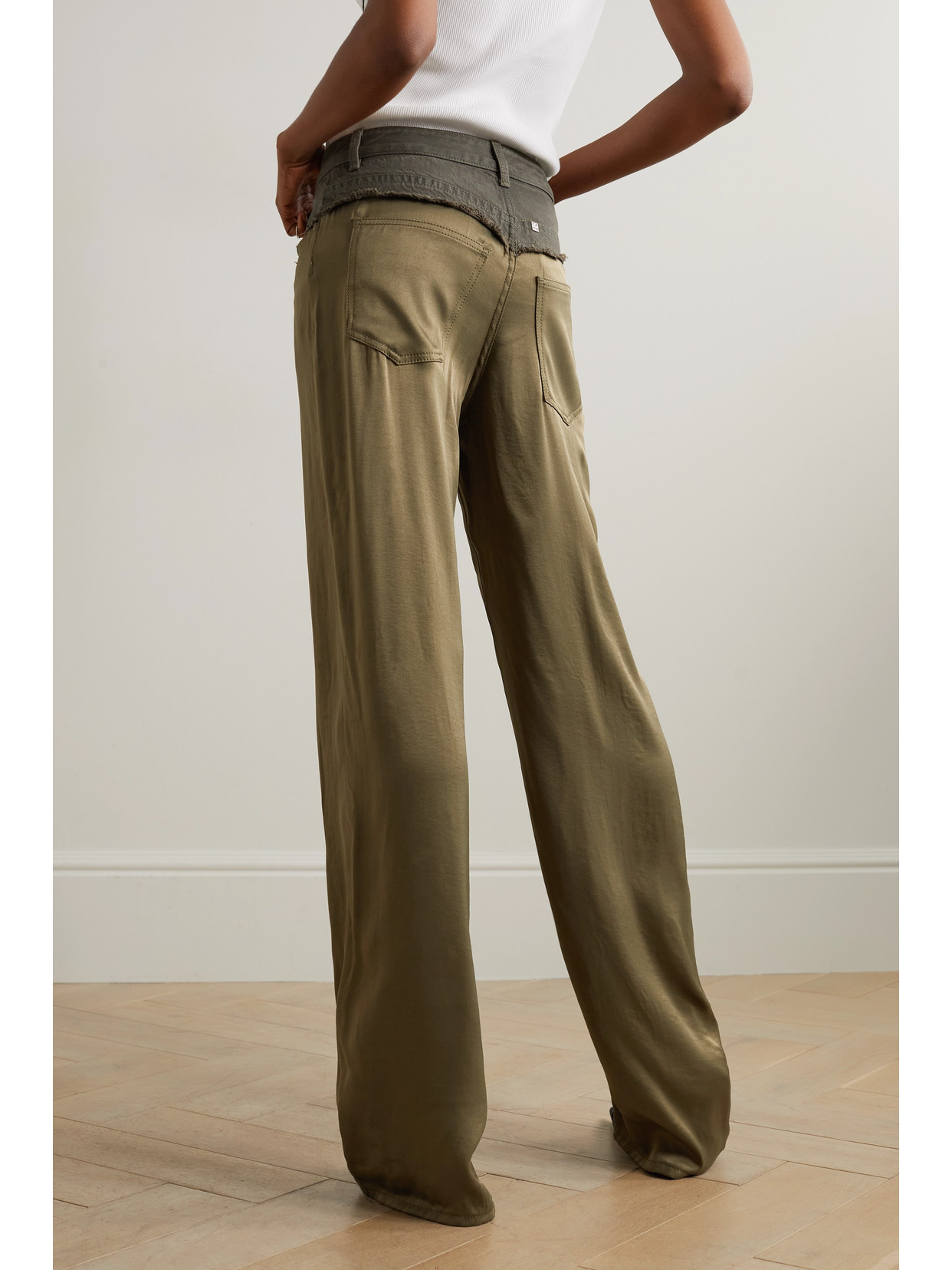GIVENCHY DISTRESSED DENIM AND SATIN STRAIGHT-LEG PANTS