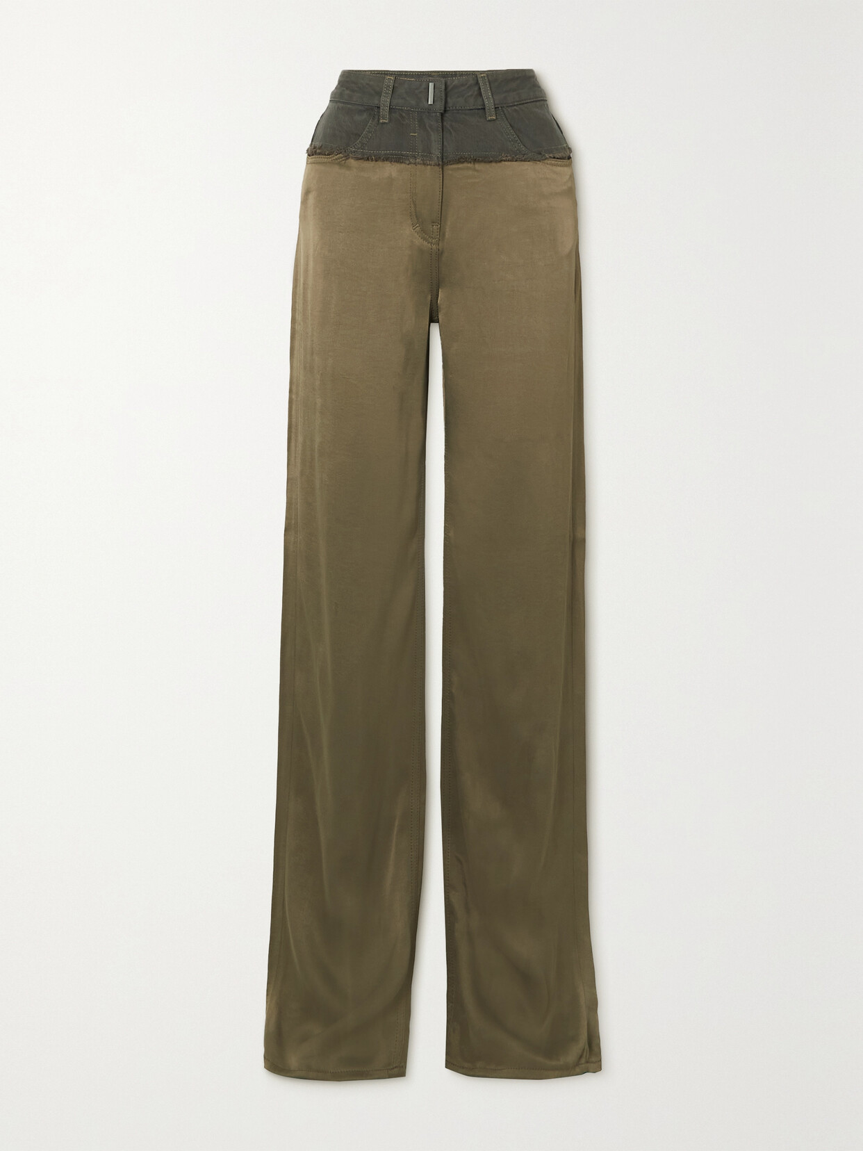 Givenchy Distressed Denim And Satin Straight-leg Pants In Green