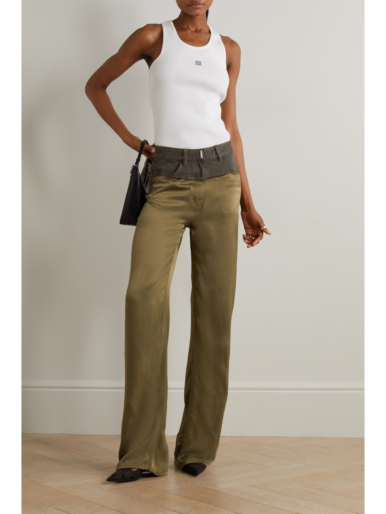 GIVENCHY DISTRESSED DENIM AND SATIN STRAIGHT-LEG PANTS