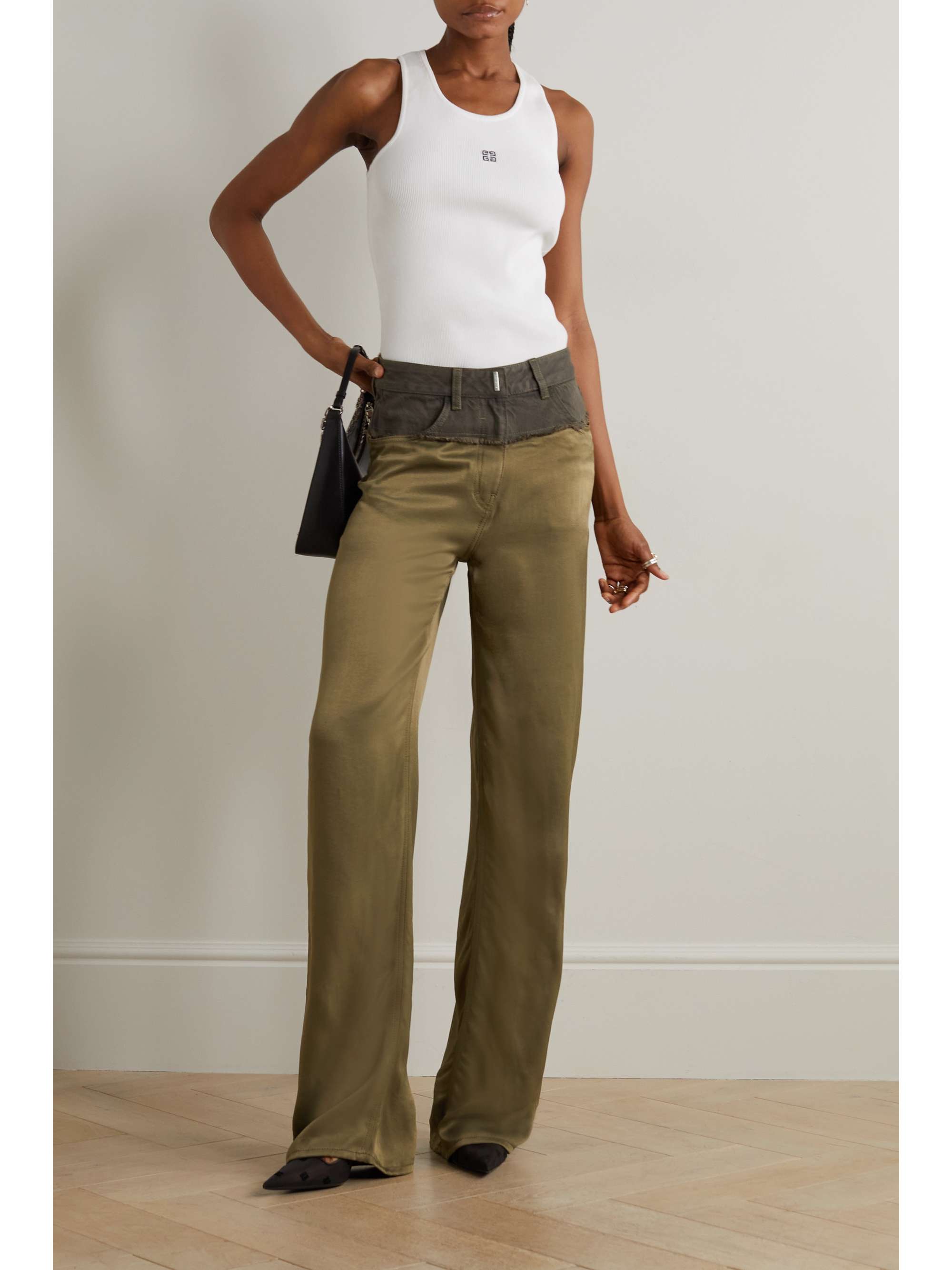 GIVENCHY Distressed denim and satin straight-leg pants | NET-A-PORTER