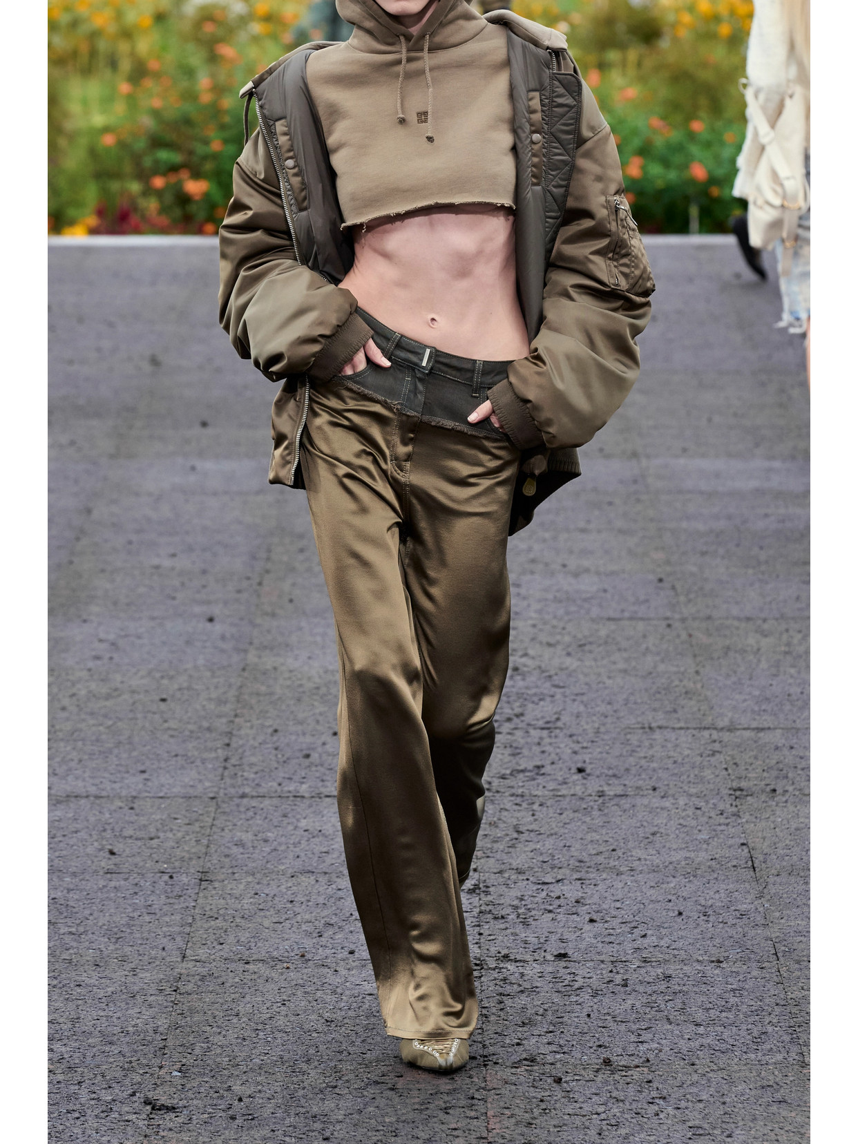 GIVENCHY DISTRESSED DENIM AND SATIN STRAIGHT-LEG PANTS