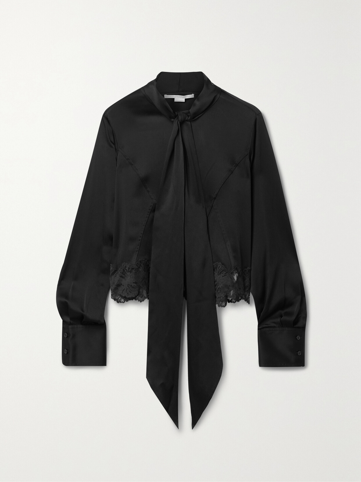 STELLA MCCARTNEY PUSSY-BOW LACE-TRIMMED SATIN BLOUSE