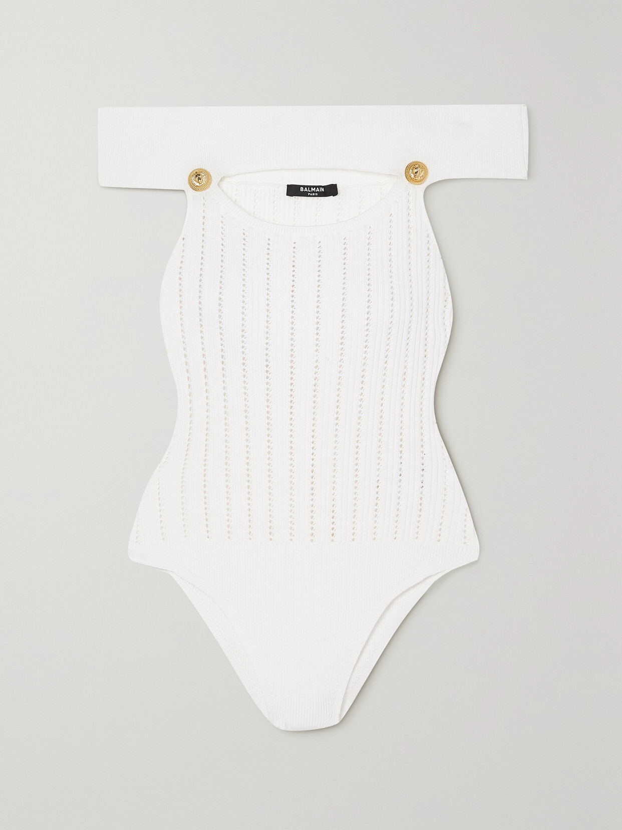 Balmain - Off-the-shoulder Cutout Pointelle-knit Bodysuit - White