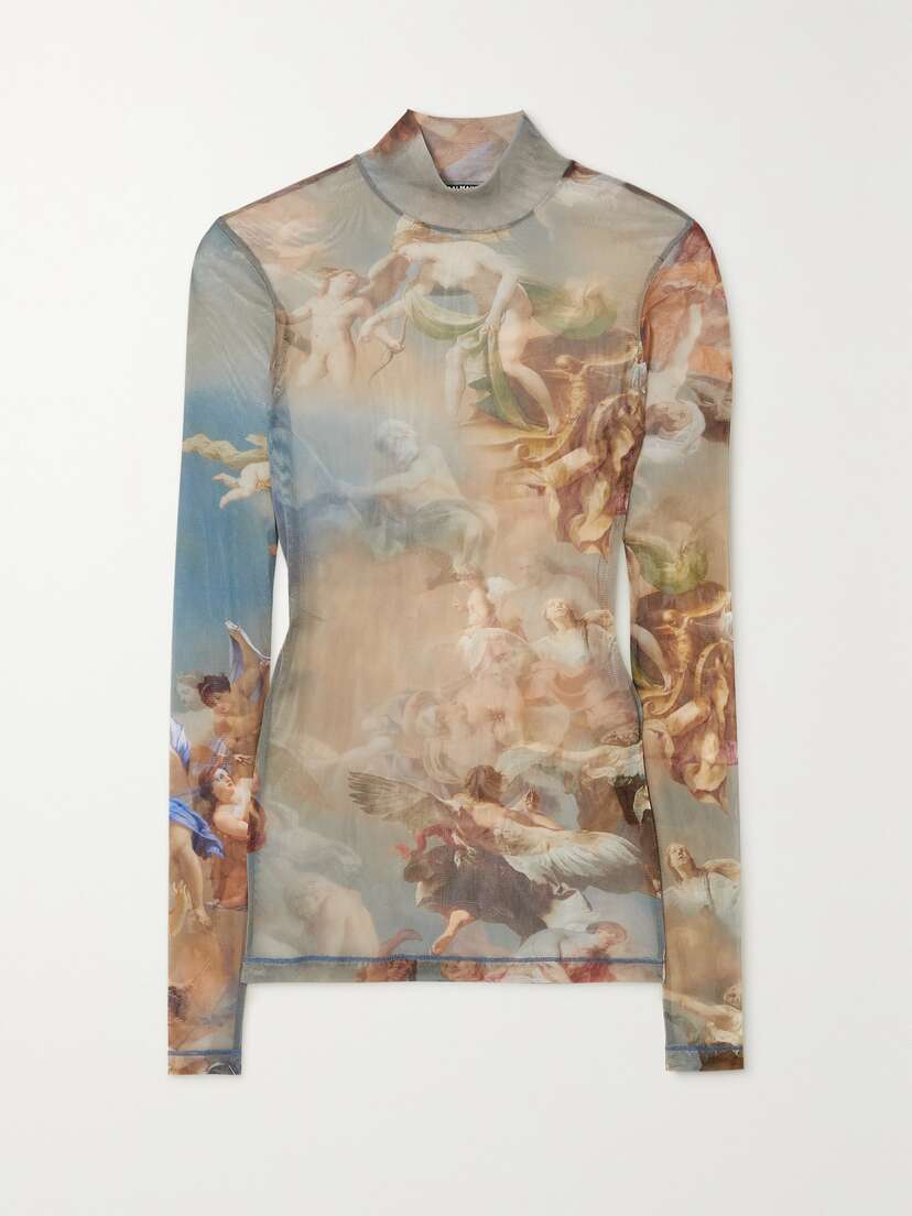 Balmain Printed Stretch-tulle Turtleneck Top