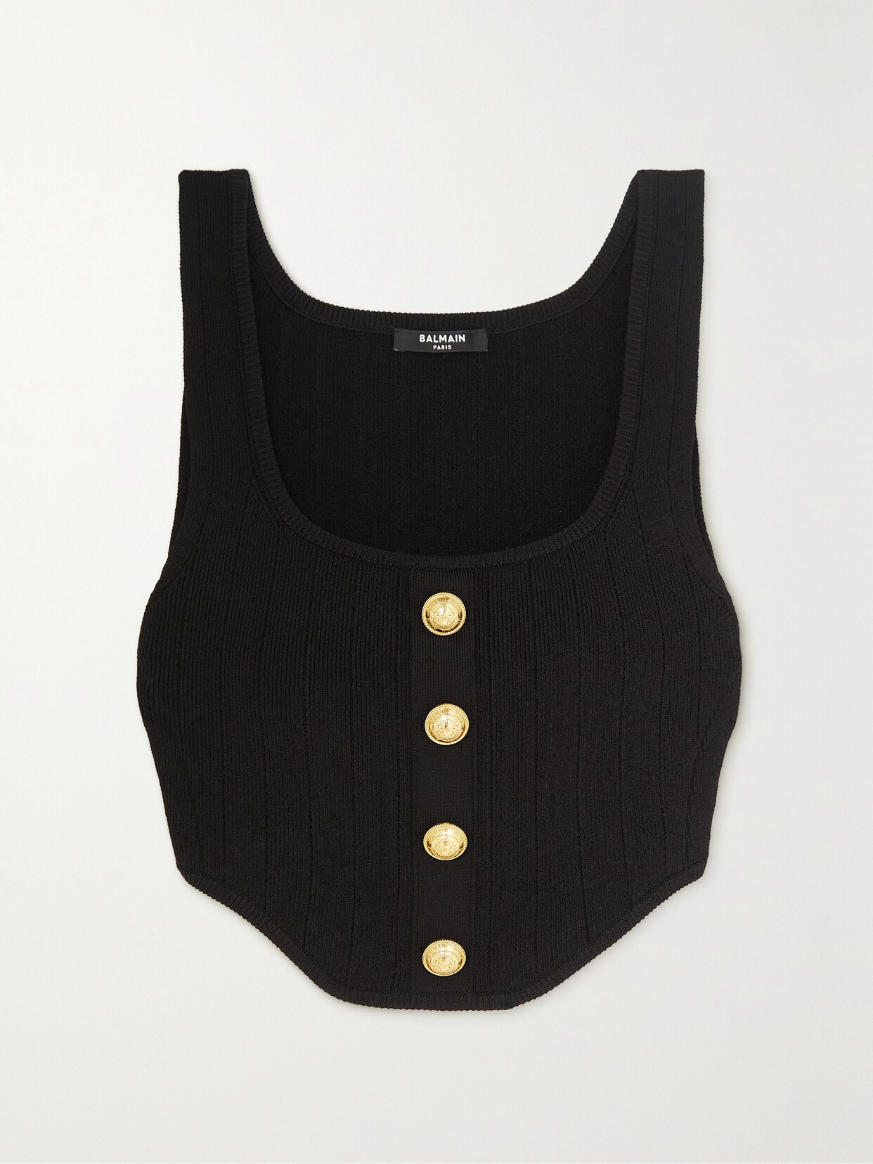 Balmain Cropped Button-embellished Ribbed-knit Top - Black