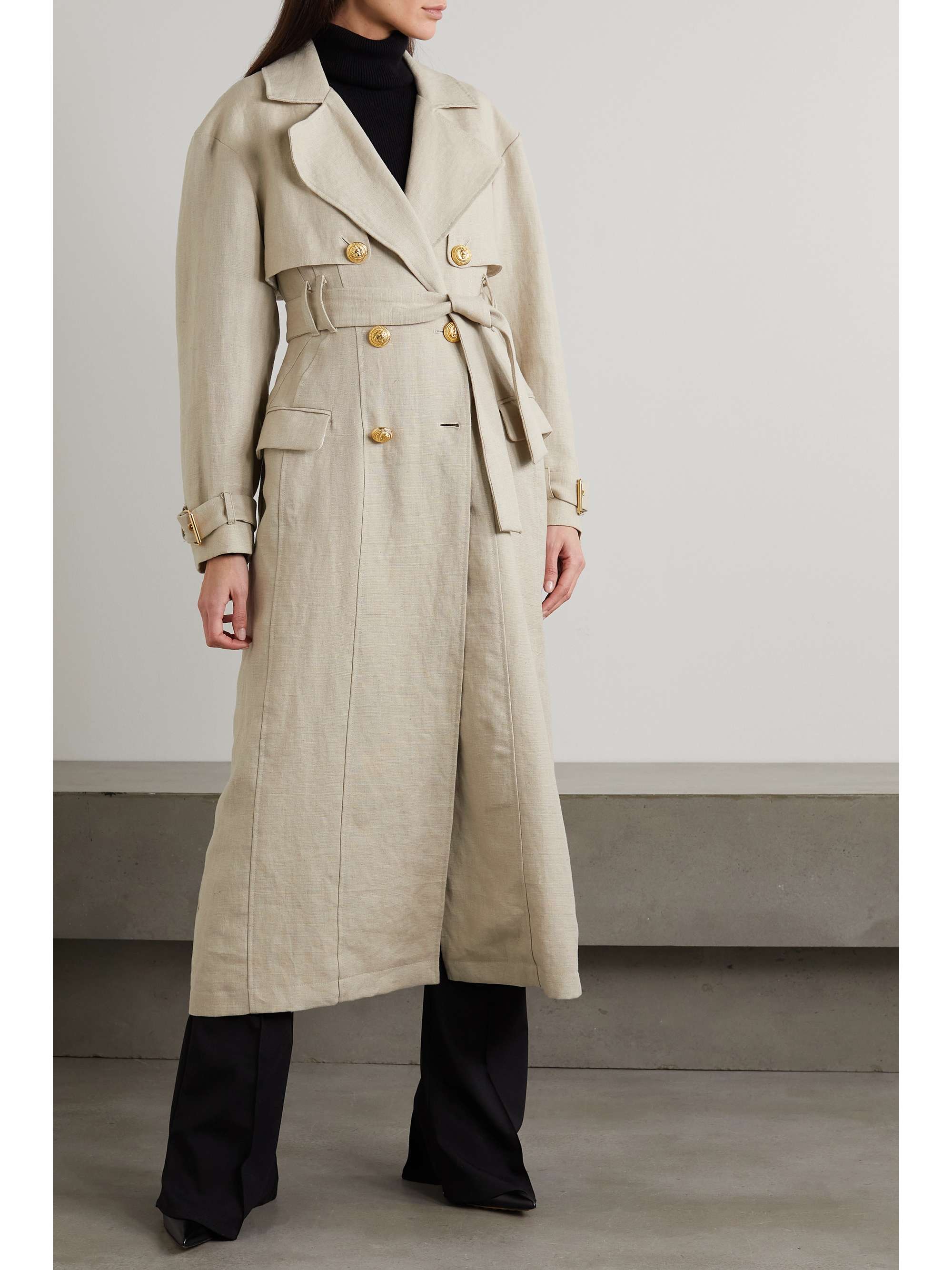 BALMAIN Belted linen-blend trench coat NET-A-PORTER