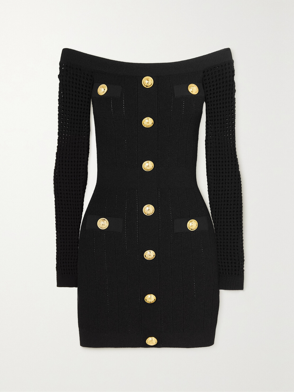 Balmain - Off-the-shoulder Button-embellished Knitted Mini Dress - Black