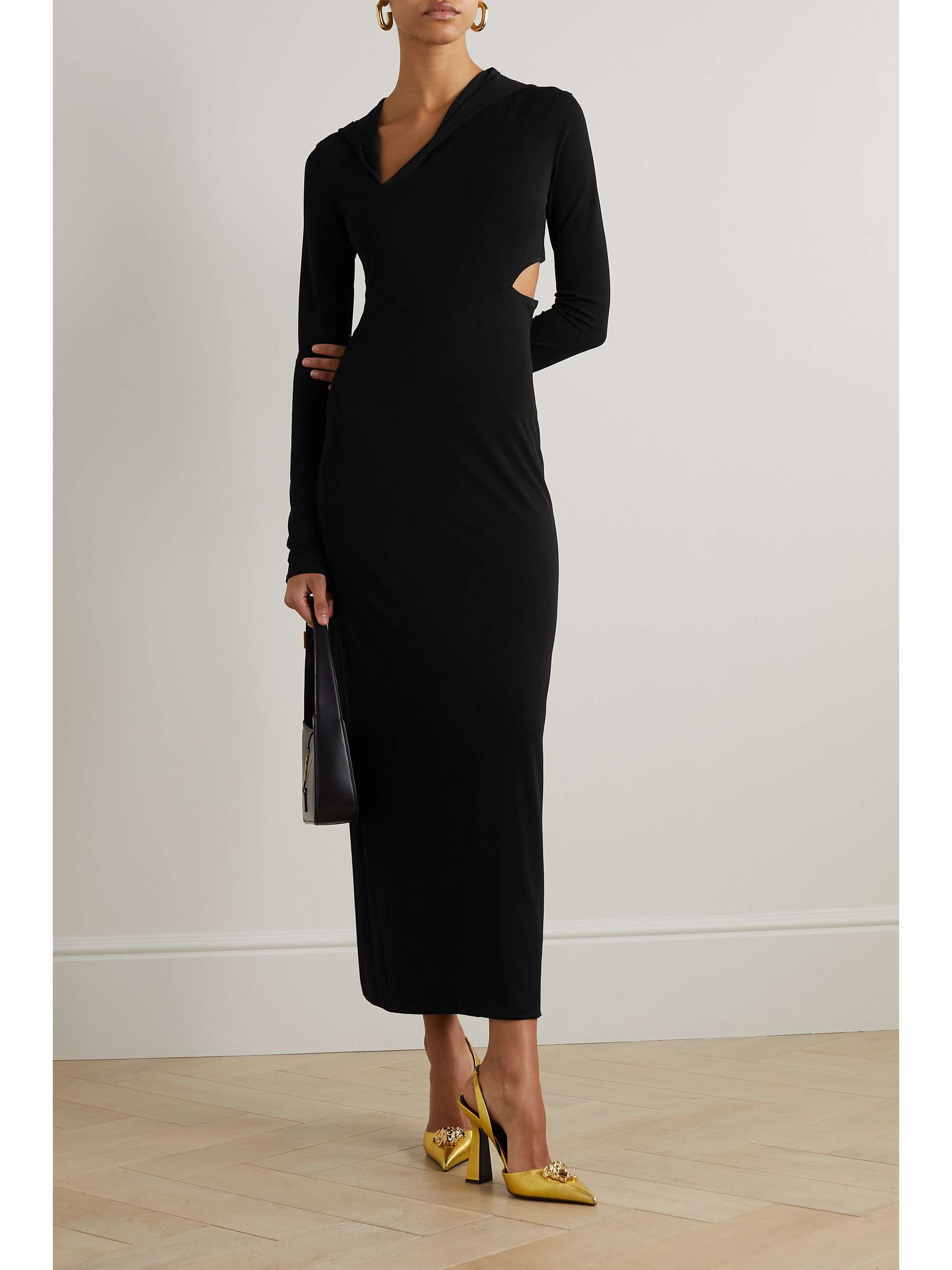 VERSACE Cutout hooded stretch-jersey maxi dress