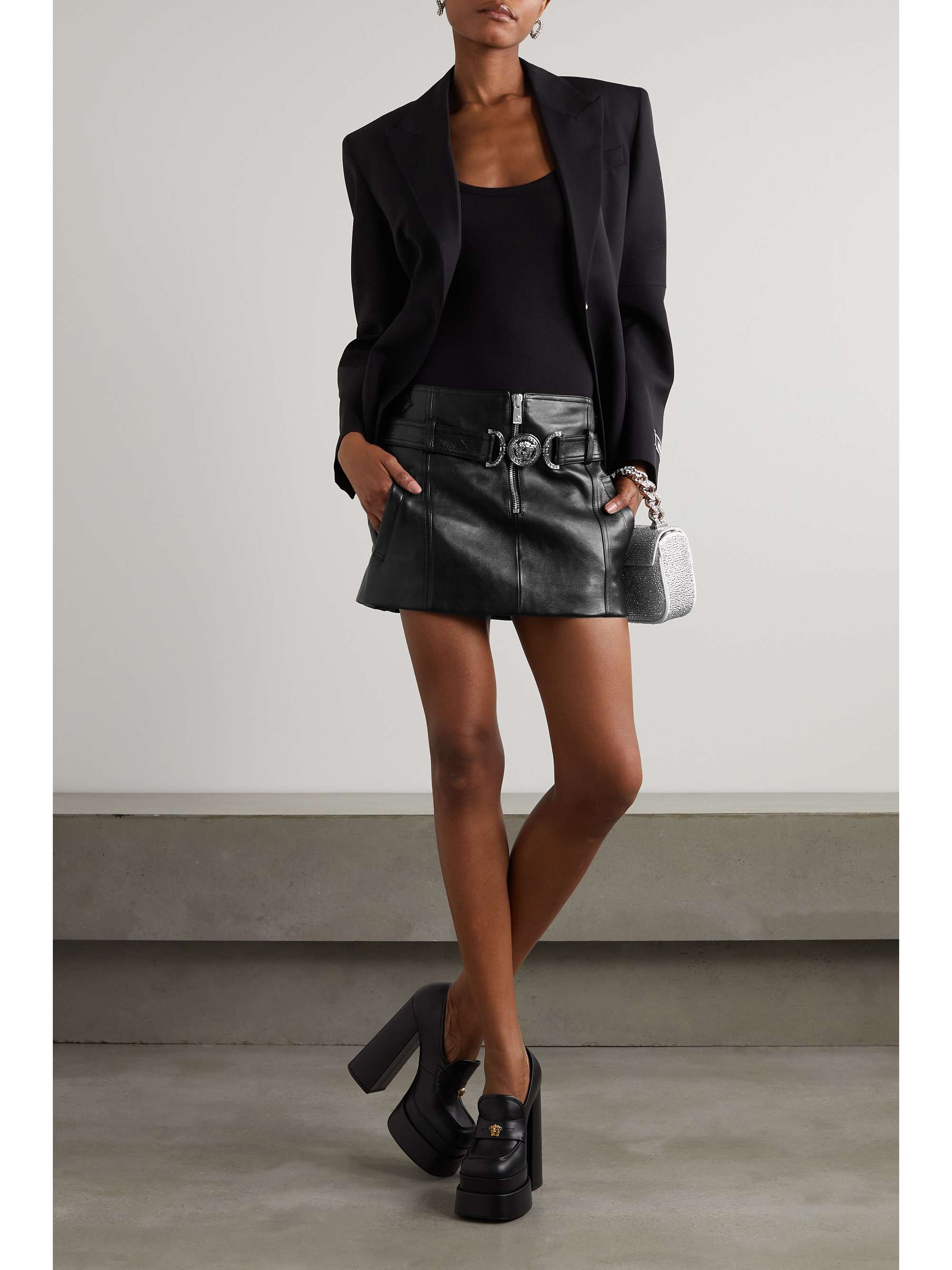 VERSACE Belted leather mini skirt