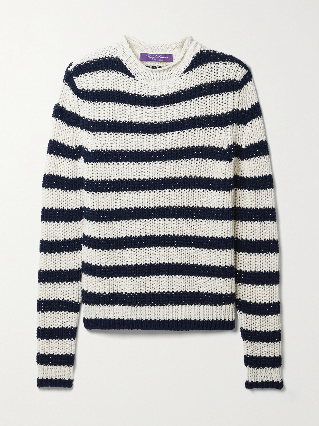 RALPH LAUREN BEAD-EMBELLISHED STRIPED COTTON-BLEND SWEATER