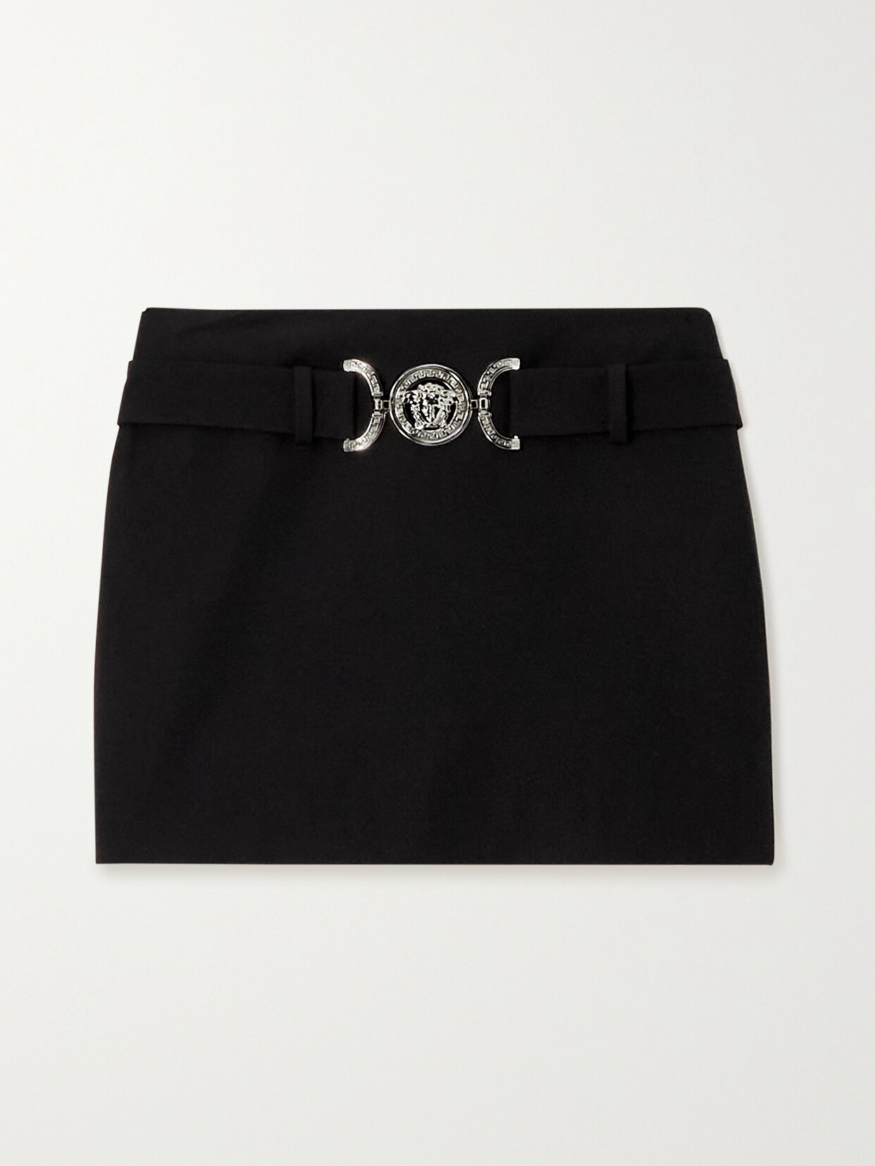 VERSACE BELTED GRAIN DE POUDRE WOOL MINI SKIRT