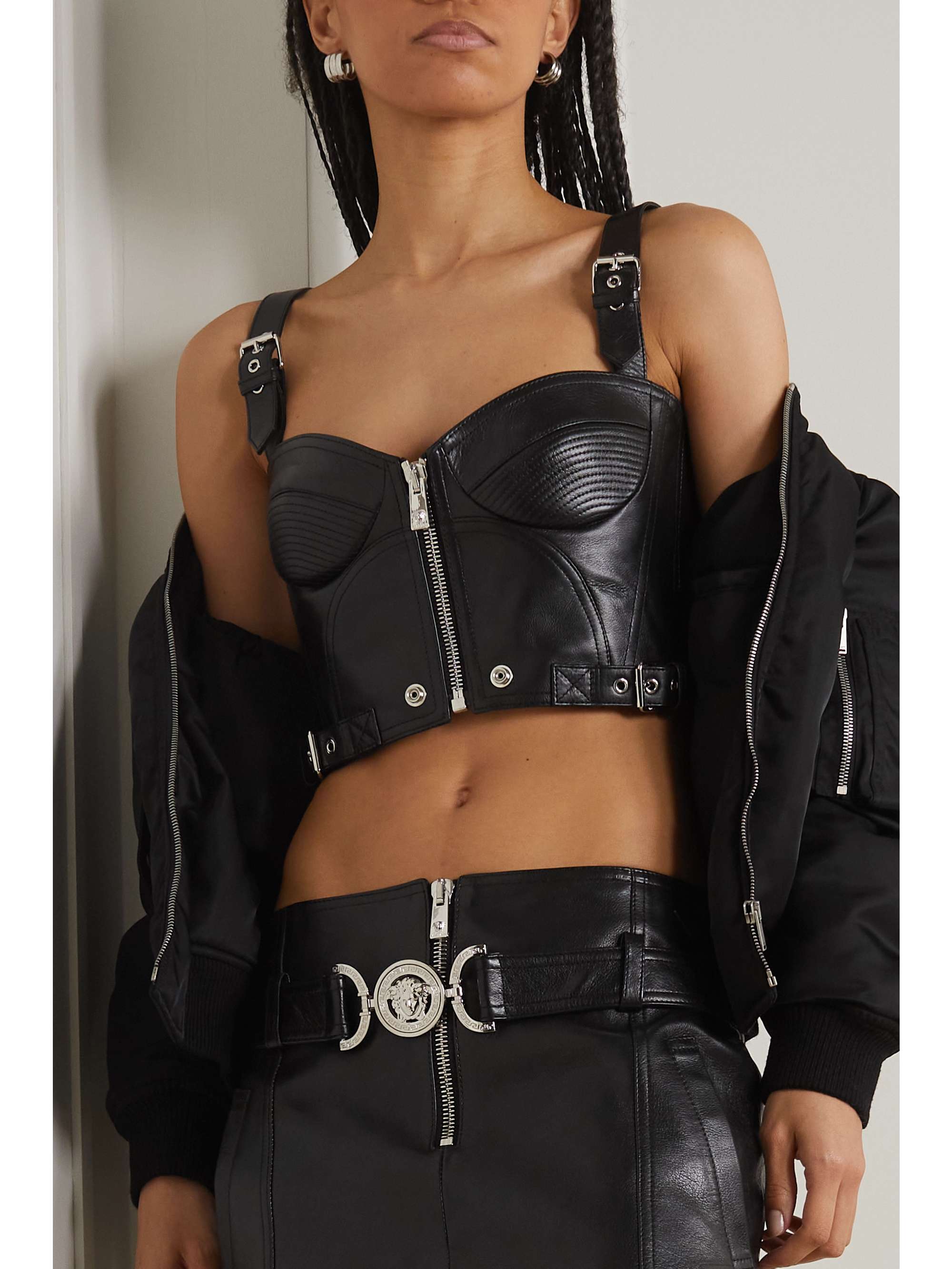 VERSACE Buckled textured-leather bralette