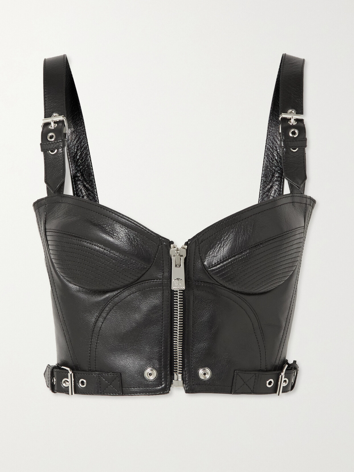 Shop Versace Buckled Textured-leather Bralette In Black