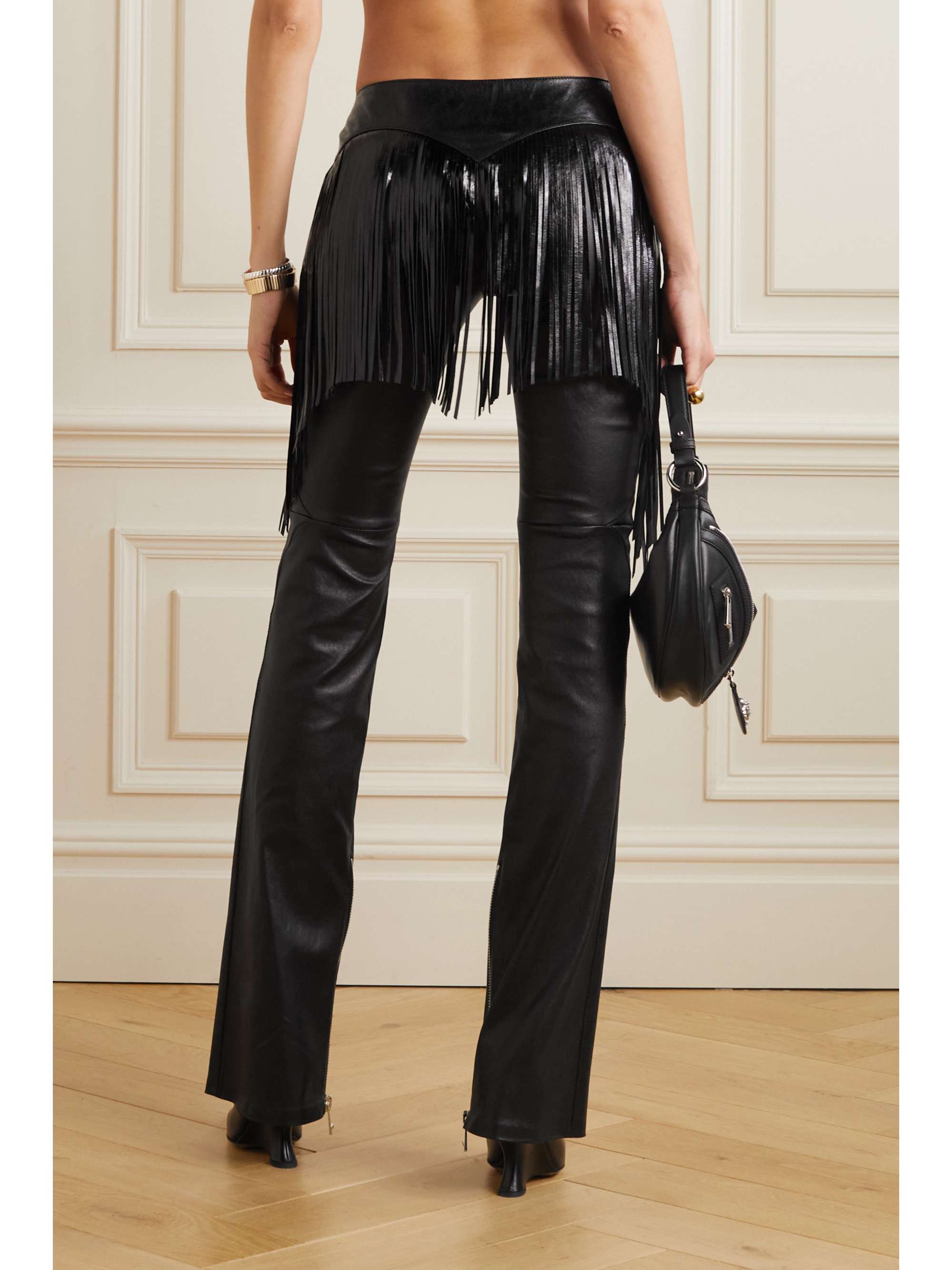 VERSACE Fringed belted leather slim-leg pants