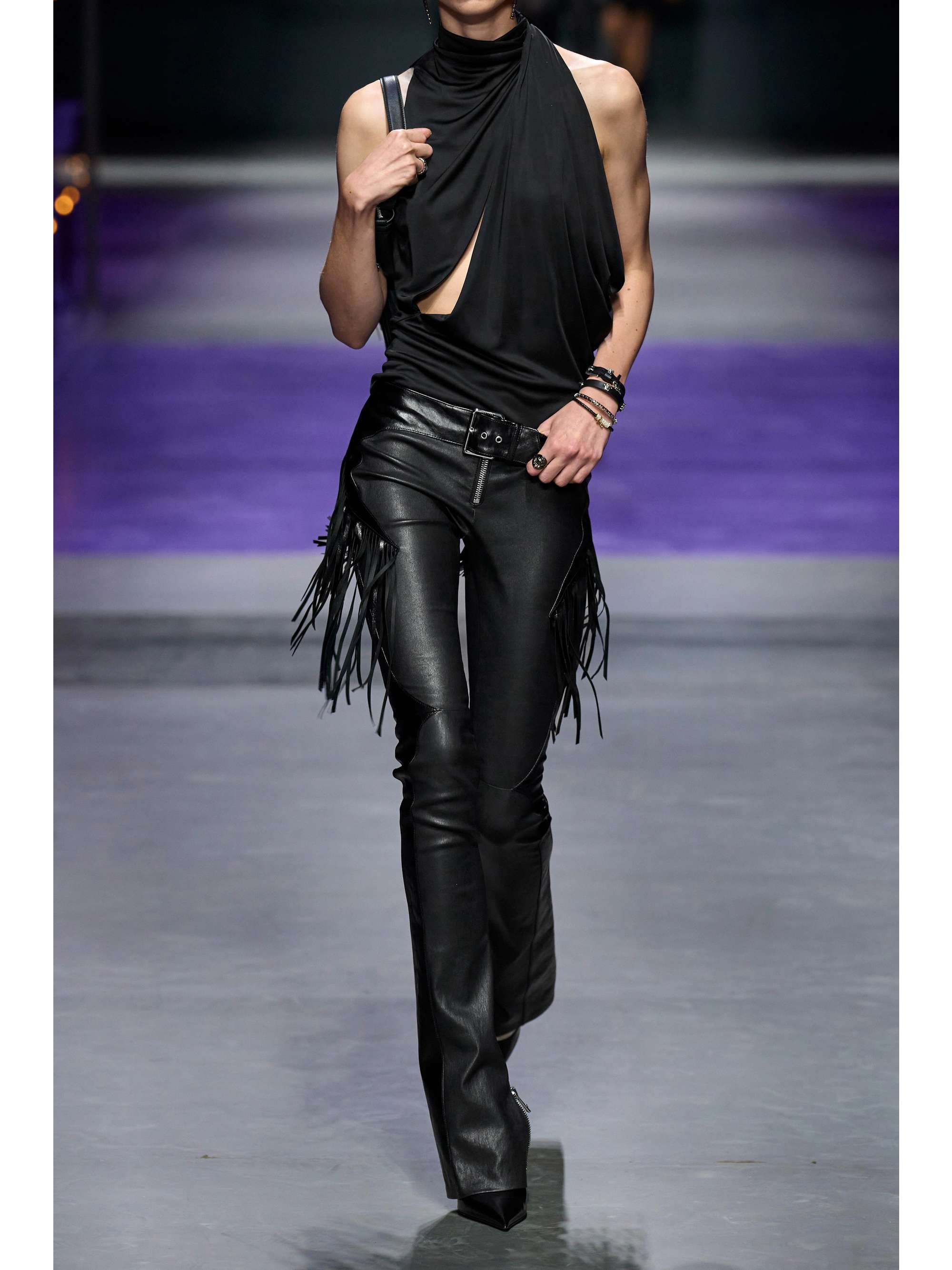 VERSACE Fringed belted leather slim-leg pants