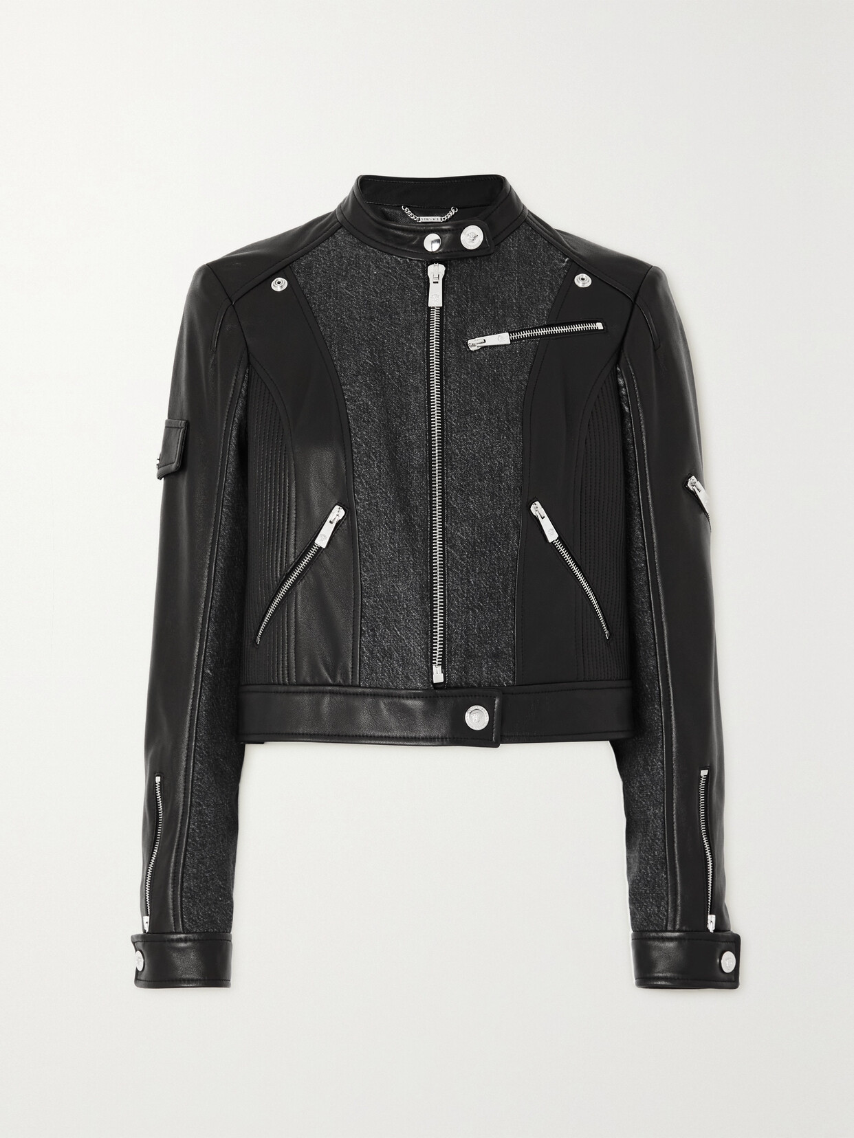 Versace - Cropped Paneled Leather And Denim Biker Jacket - Black