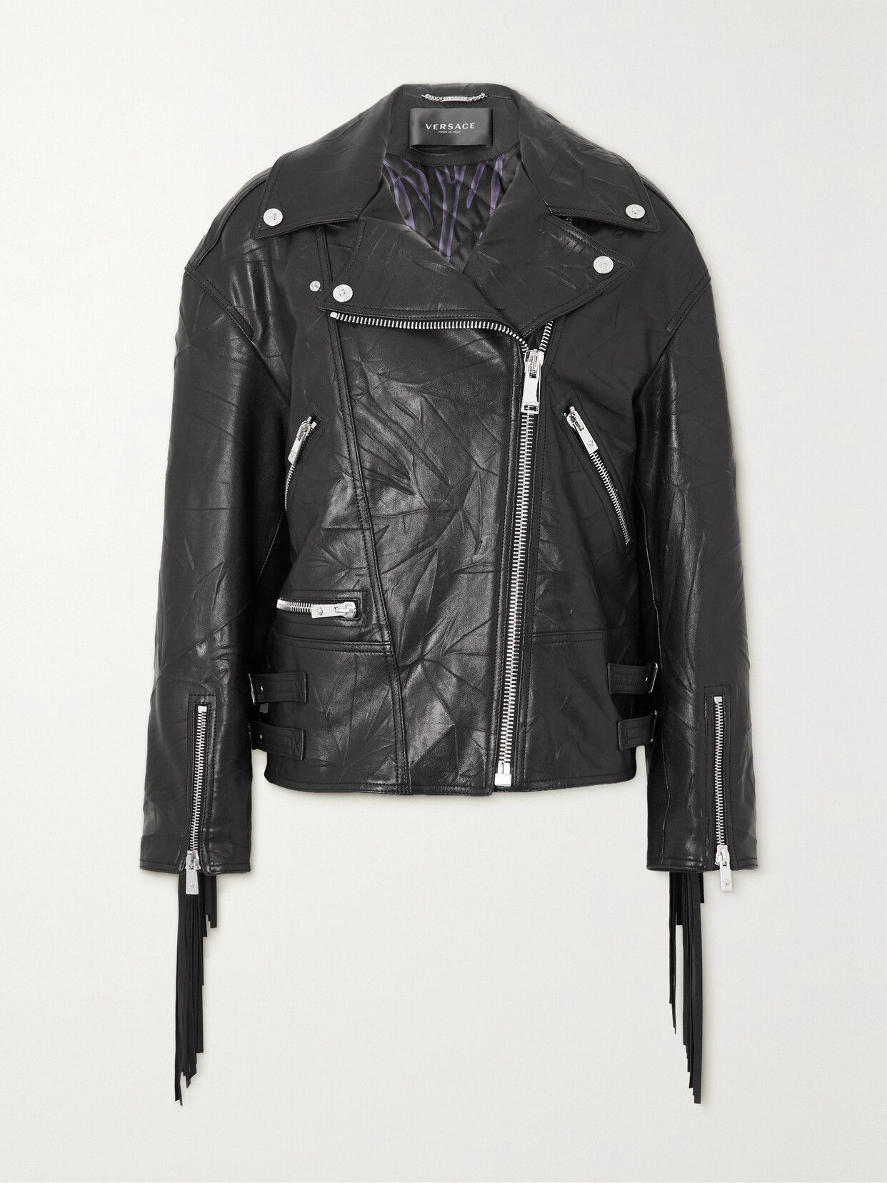 VERSACE FRINGED CRINKLED-LEATHER BIKER JACKET