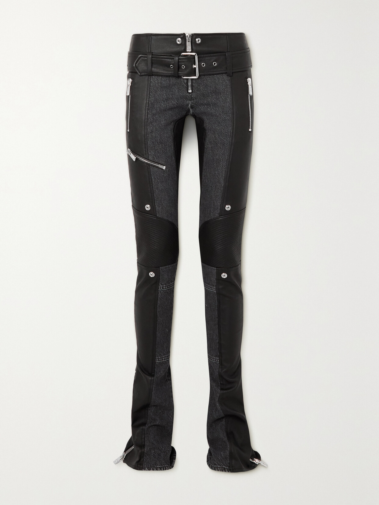 Versace Belted Leather And Denim Flared Pants In Black