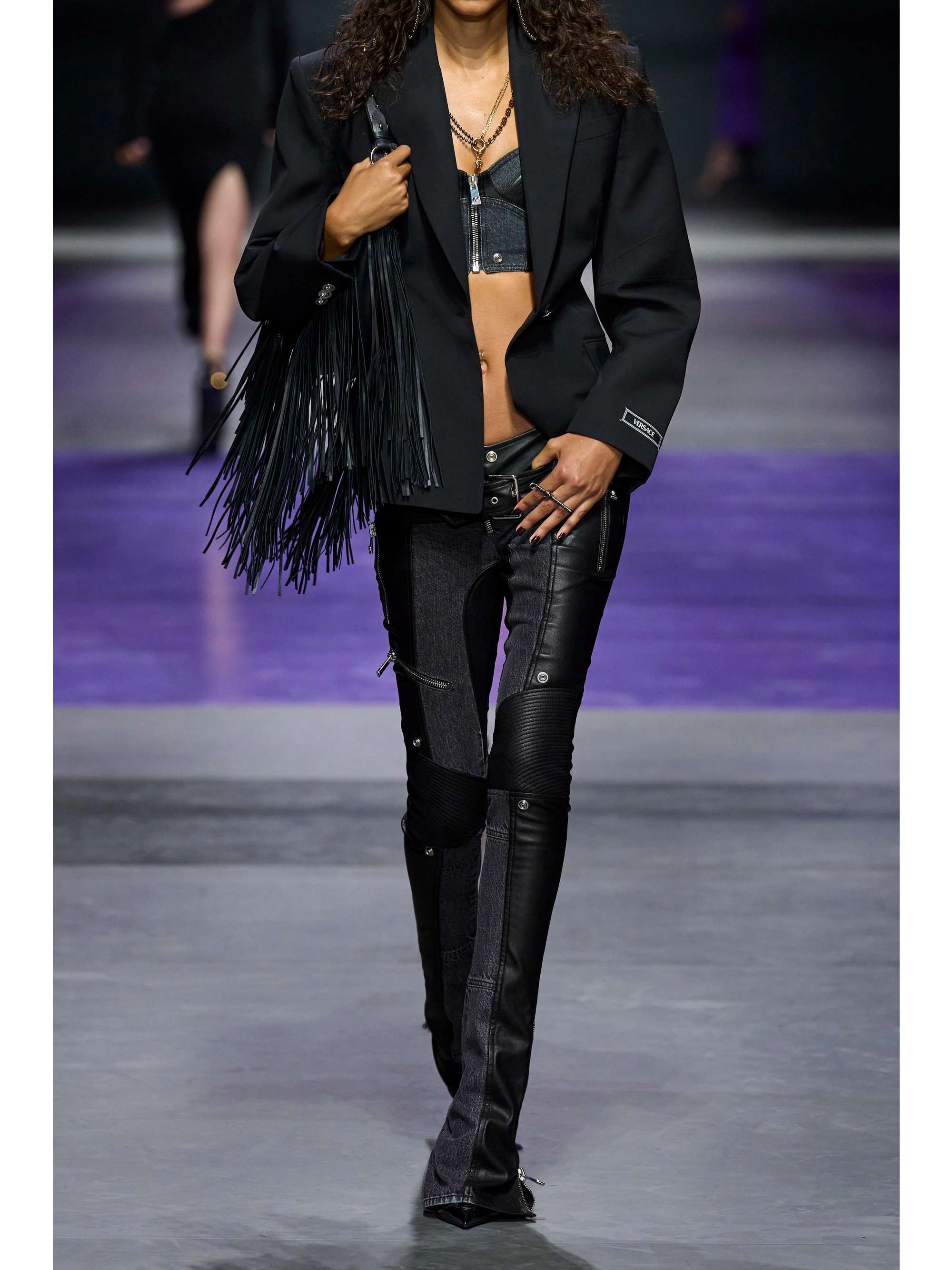 VERSACE Belted leather and denim flared pants