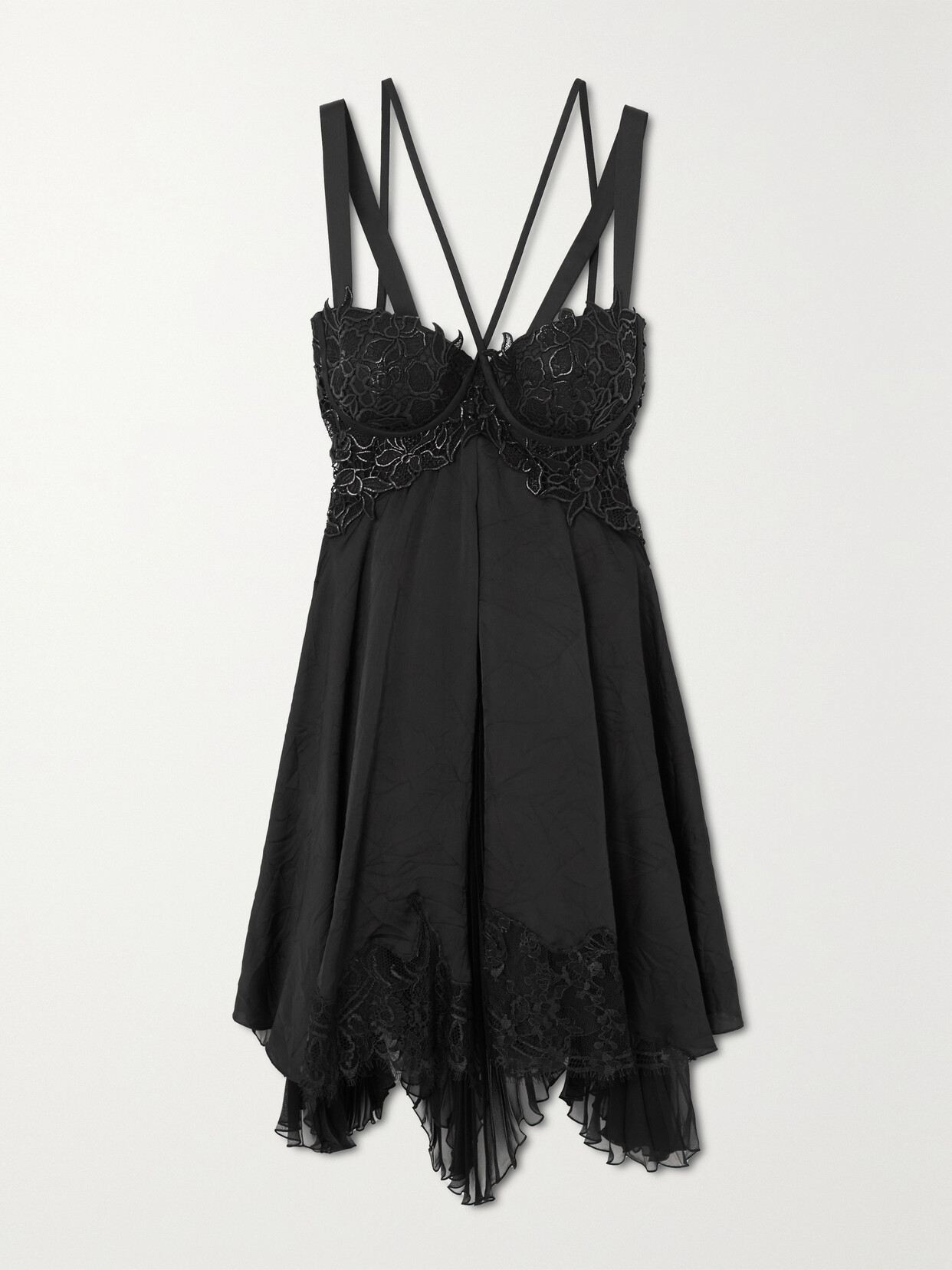 VERSACE LACE-TRIMMED CRINKLED-SATIN MINI DRESS