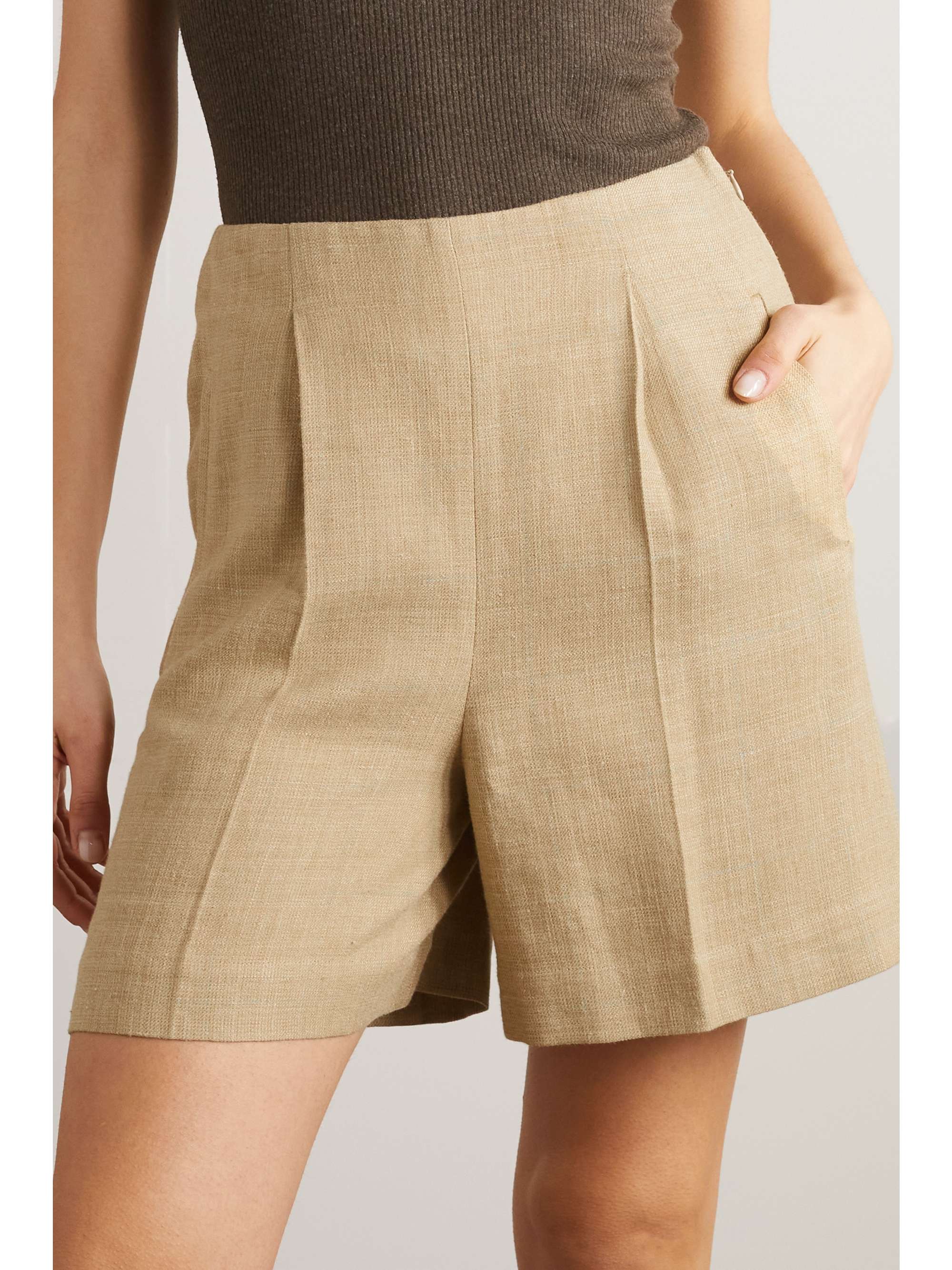 RALPH LAUREN COLLECTION Ainsworth pleated checked silk and linen-blend tweed shorts