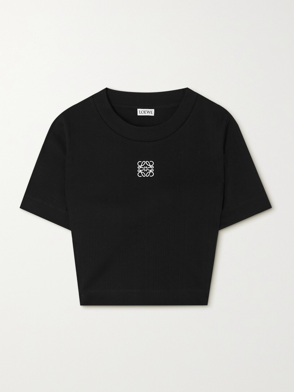 Shop Loewe Anagram Cropped Embroidered Ribbed Cotton T-shirt In Black