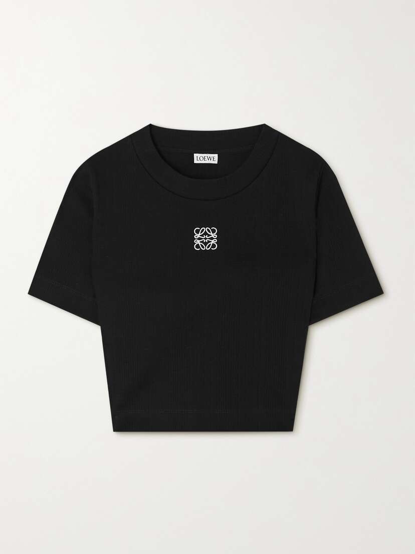 Loewe Anagram Cropped Embroidered Ribbed Cotton T-shirt