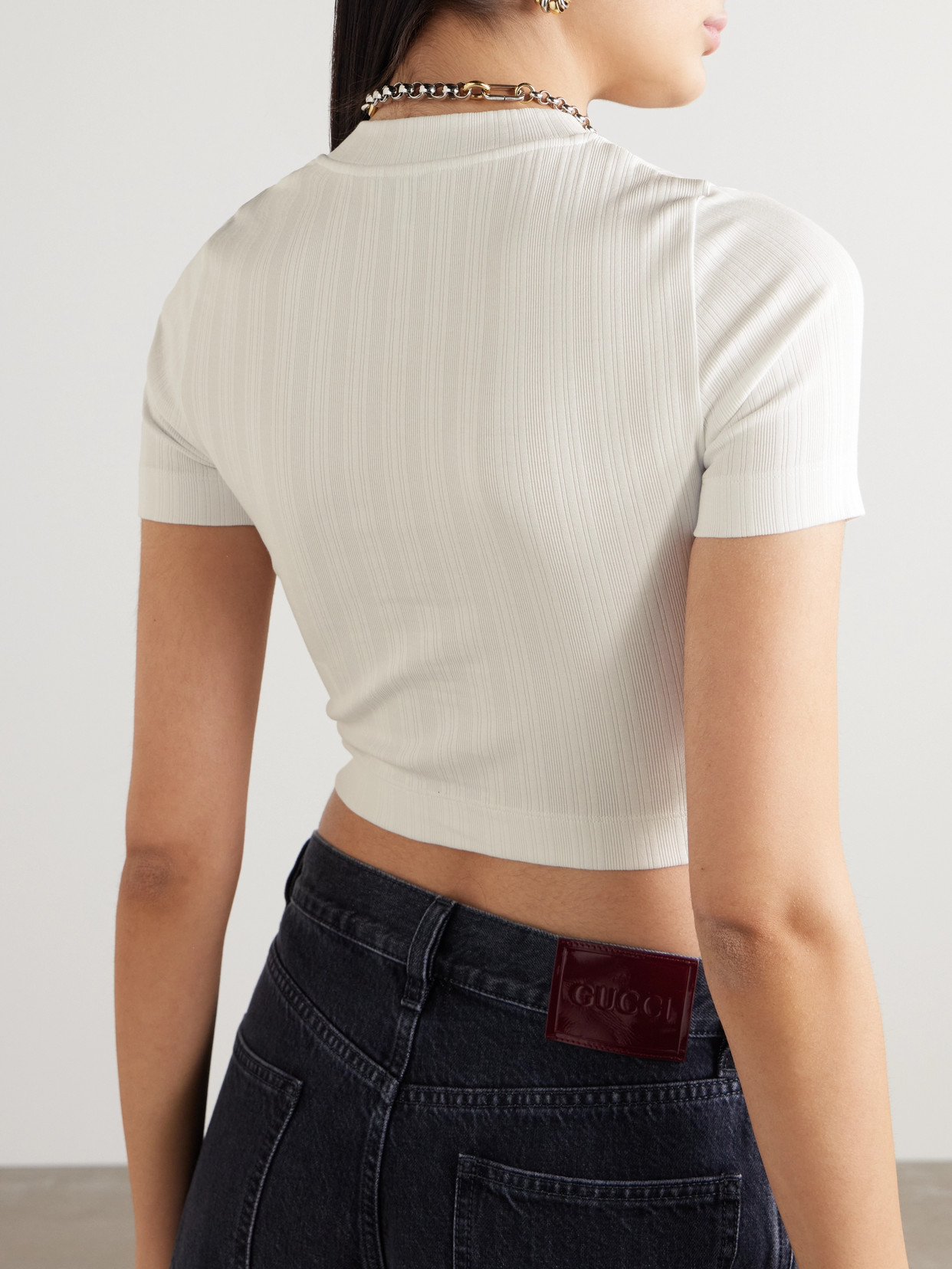 Shop Loewe Anagram Cropped Embroidered Ribbed Cotton T-shirt In White