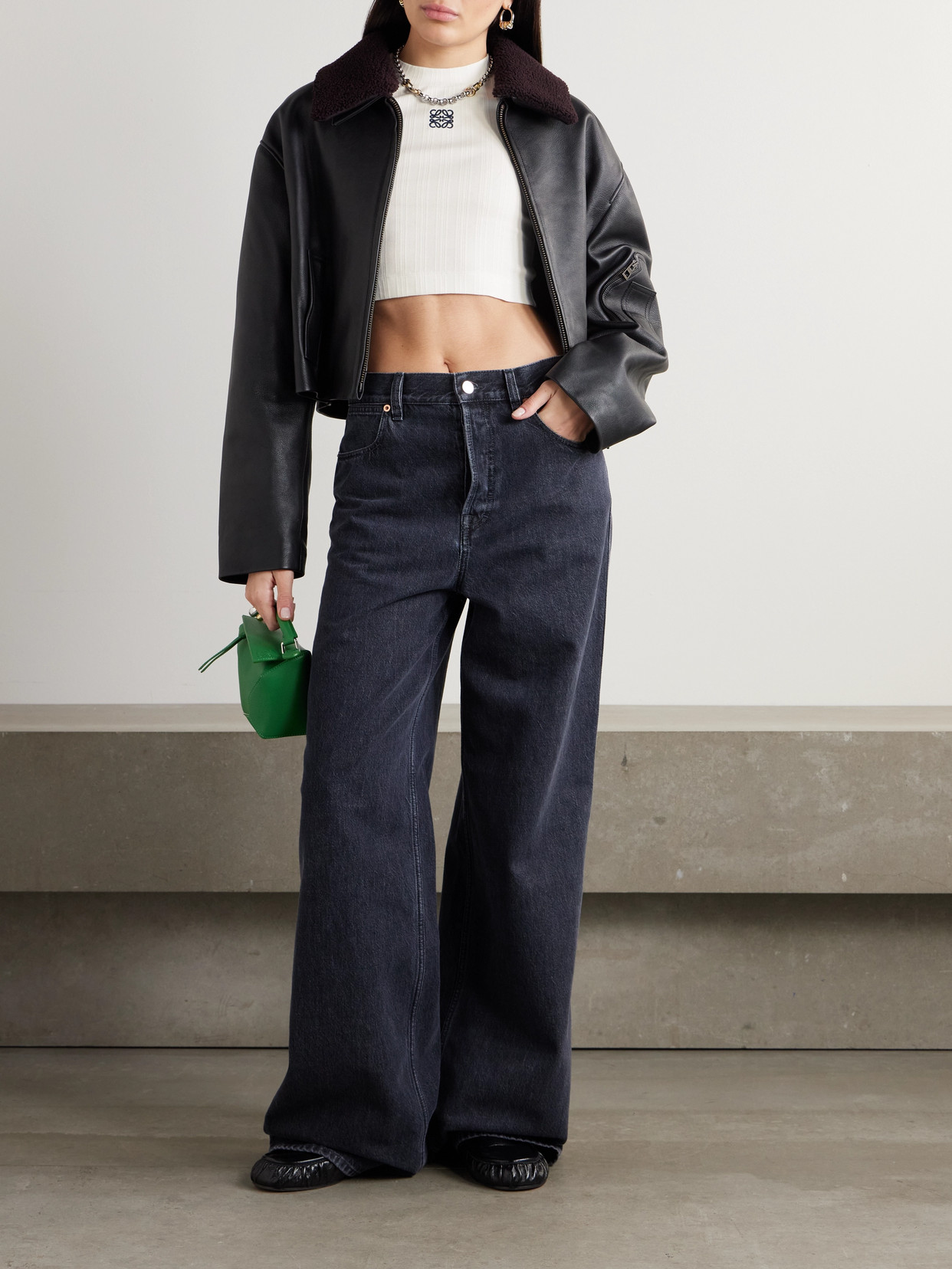 LOEWE ANAGRAM CROPPED EMBROIDERED RIBBED COTTON T-SHIRT