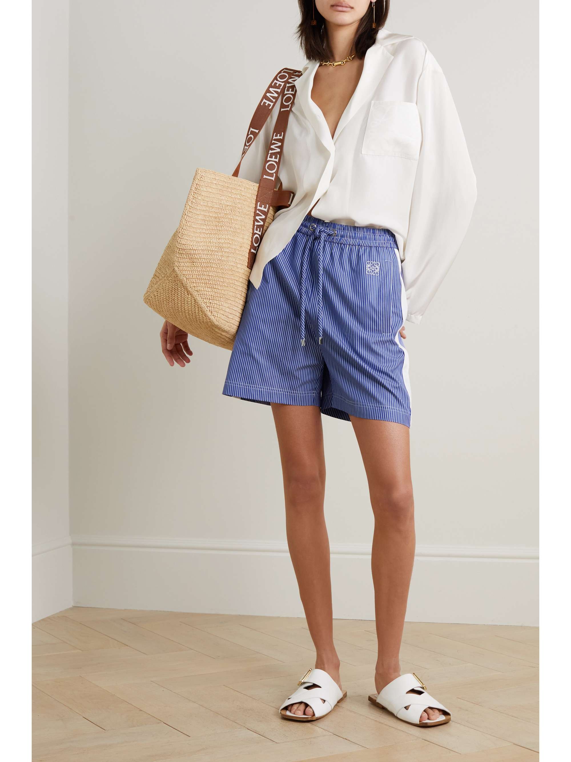 LOEWE Embroidered striped cotton shorts