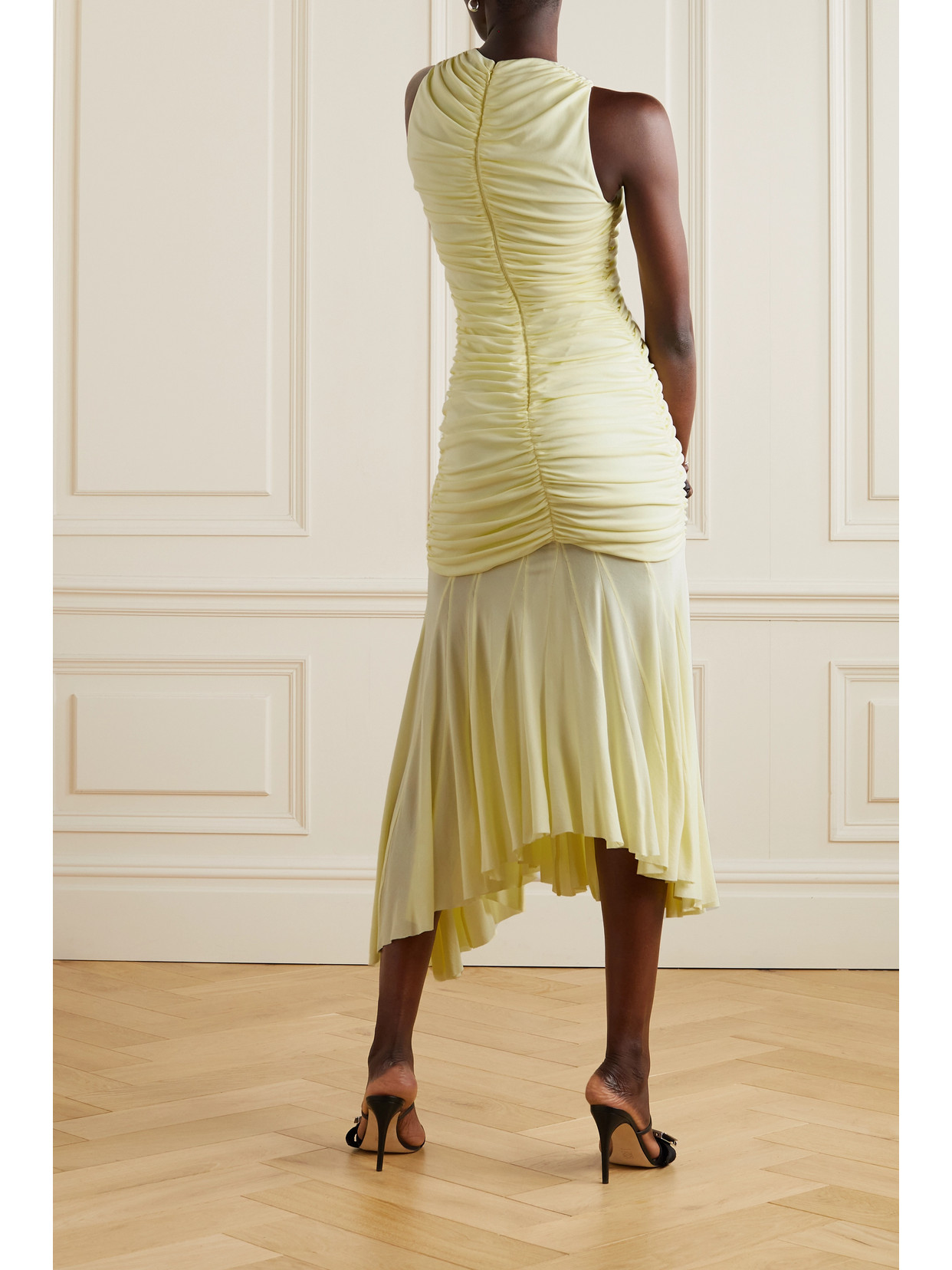 Shop Loewe Asymmetric Gathered Crepe Midi Dress In Yellow