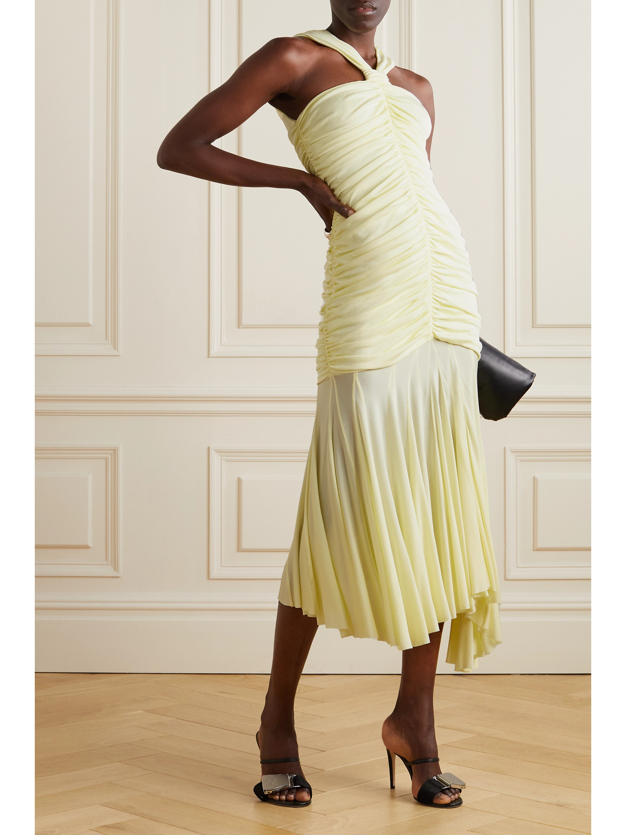 Shop Loewe Asymmetric Gathered Crepe Midi Dress In Yellow