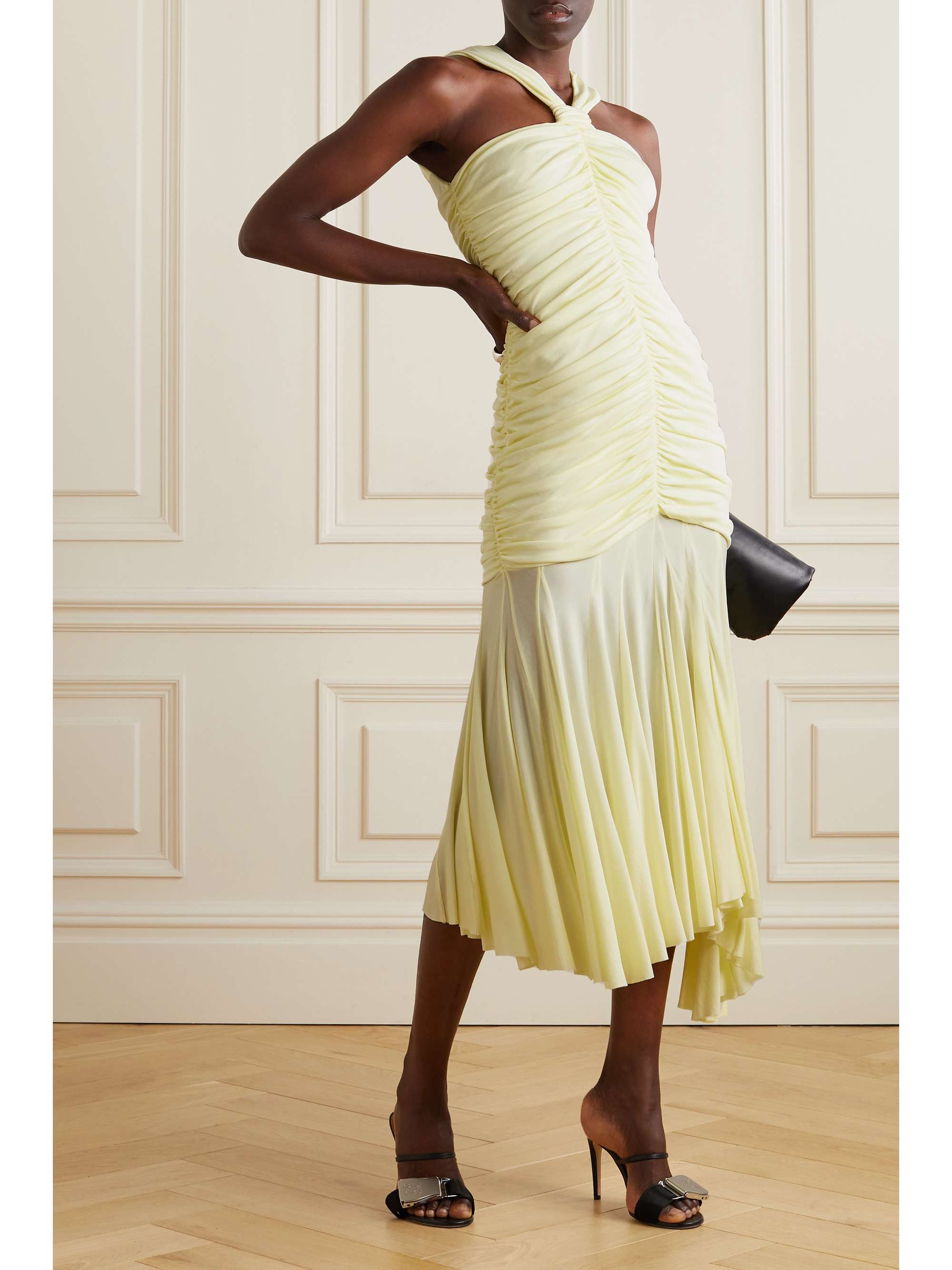 Asymmetric gathered crepe midi dress yellow FR34