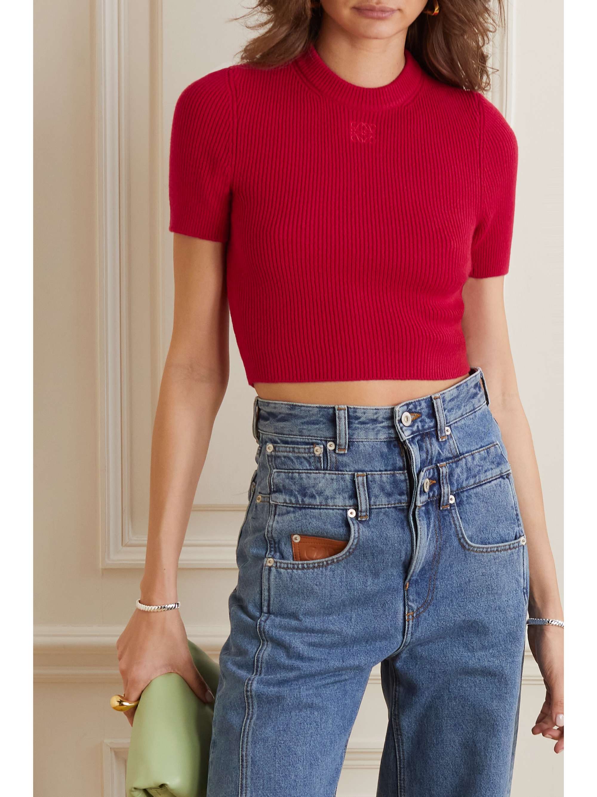 LOEWE Cropped embroidered ribbed cashmere-blend sweater