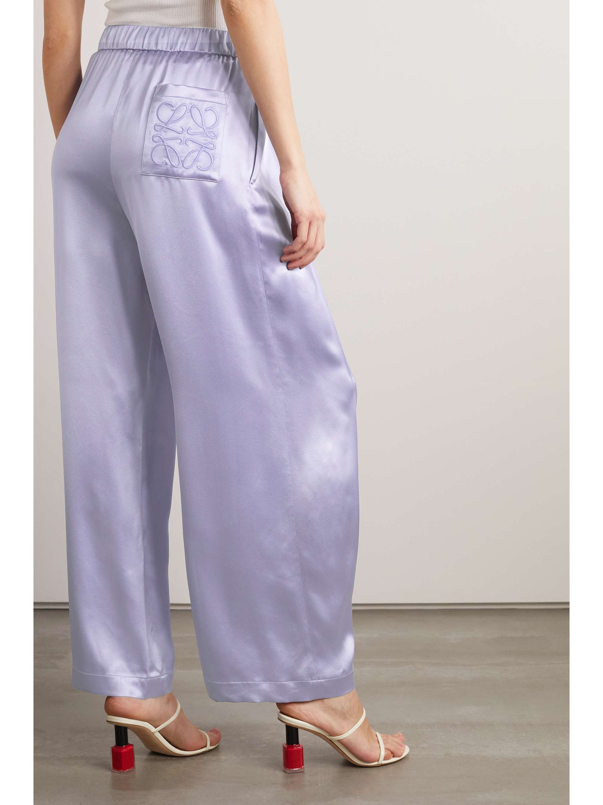 LOEWE Anagram pleated embroidered silk-satin pants