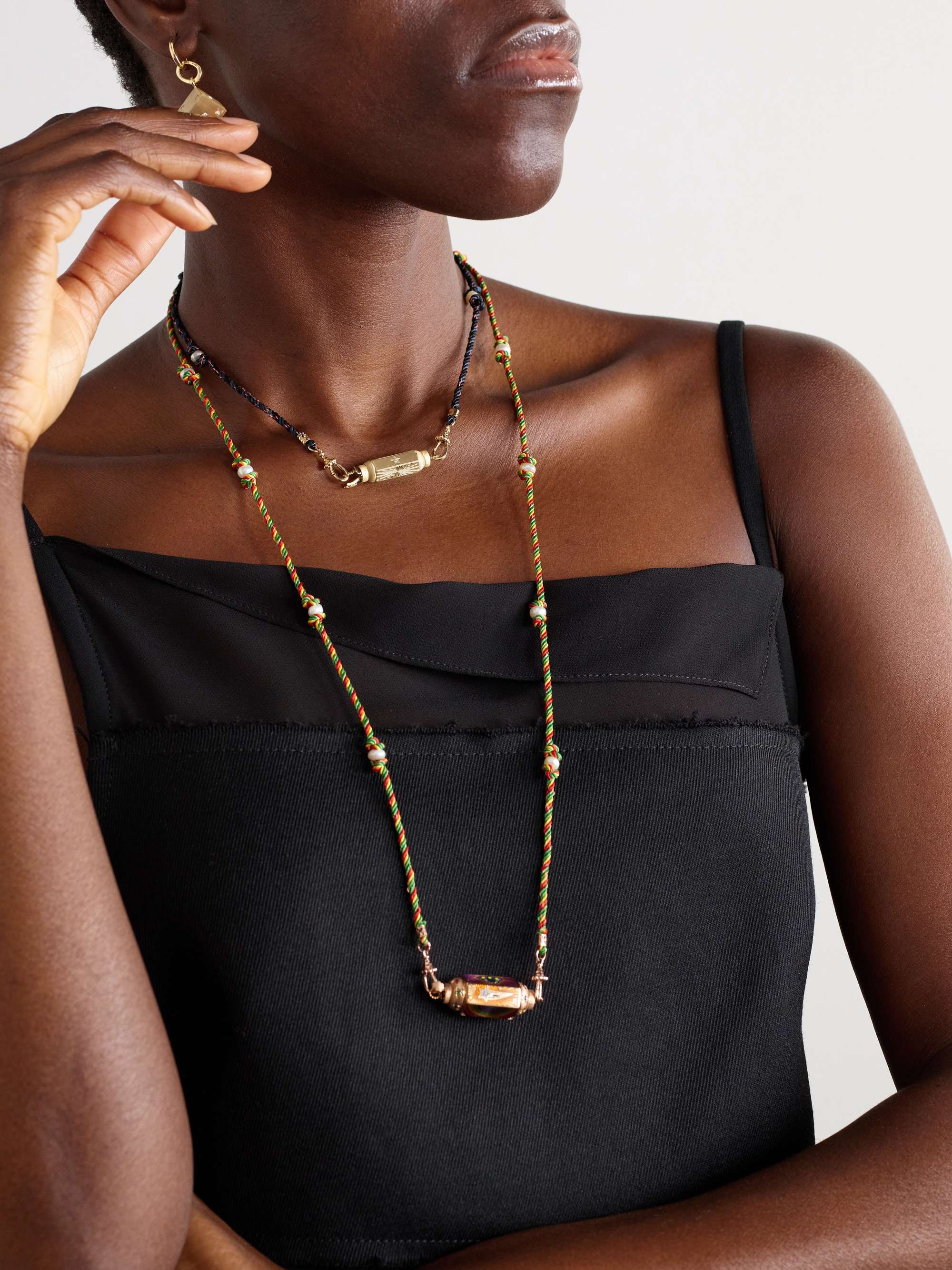 MARIE LICHTENBERG Baby Coco 14-karat gold, cord, diamond and pearl necklace