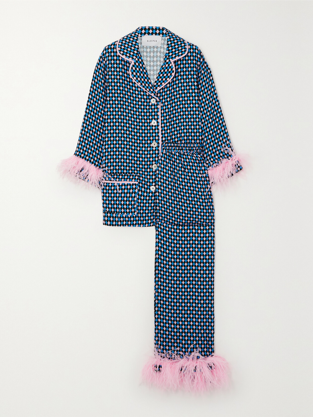 SLEEPER FEATHER-TRIMMED PRINTED JERSEY PAJAMA SET