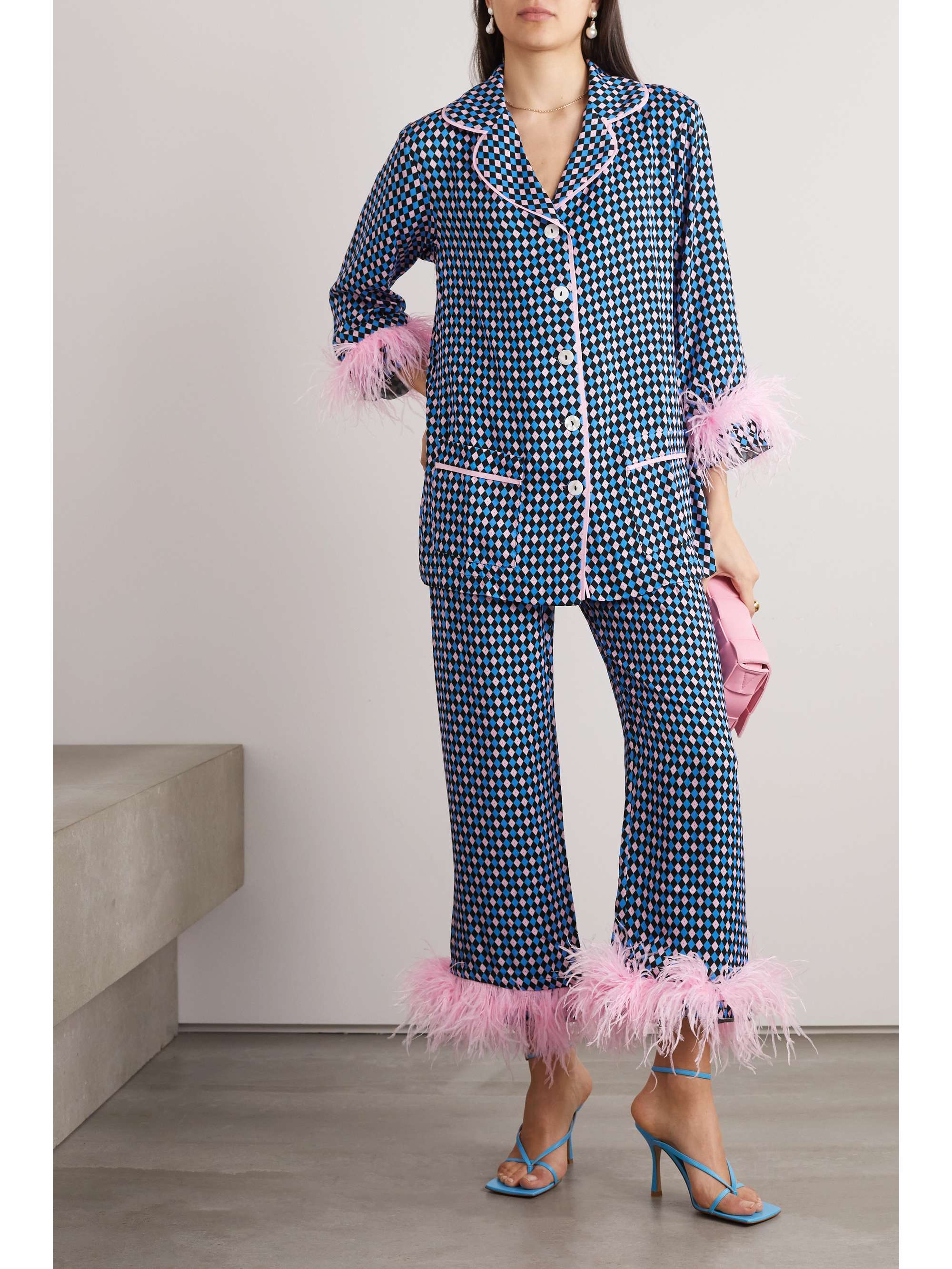 Feather-trimmed printed jersey pajama set