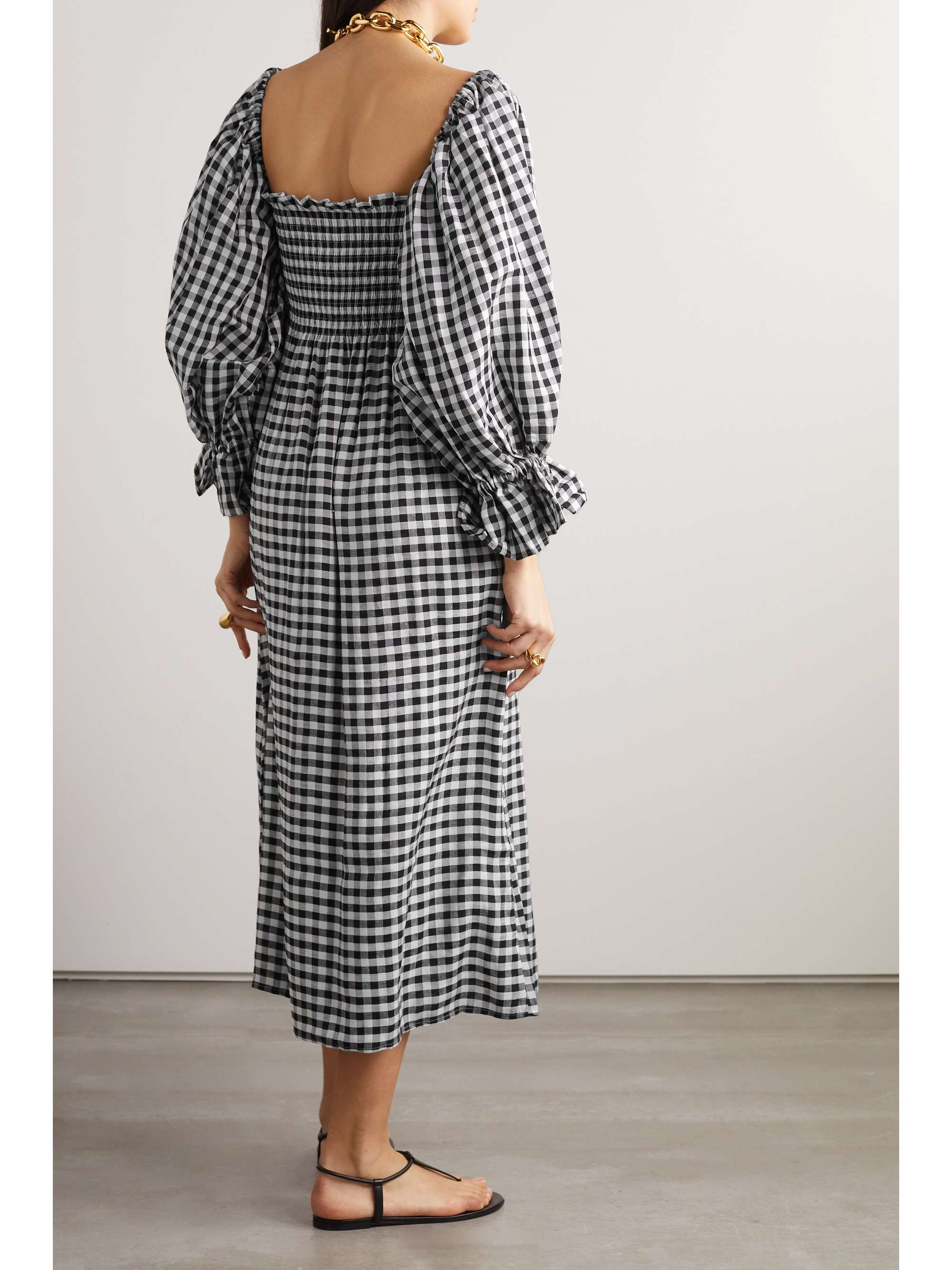 SLEEPER Atlanta offtheshoulder shirred gingham linenblend midi dress