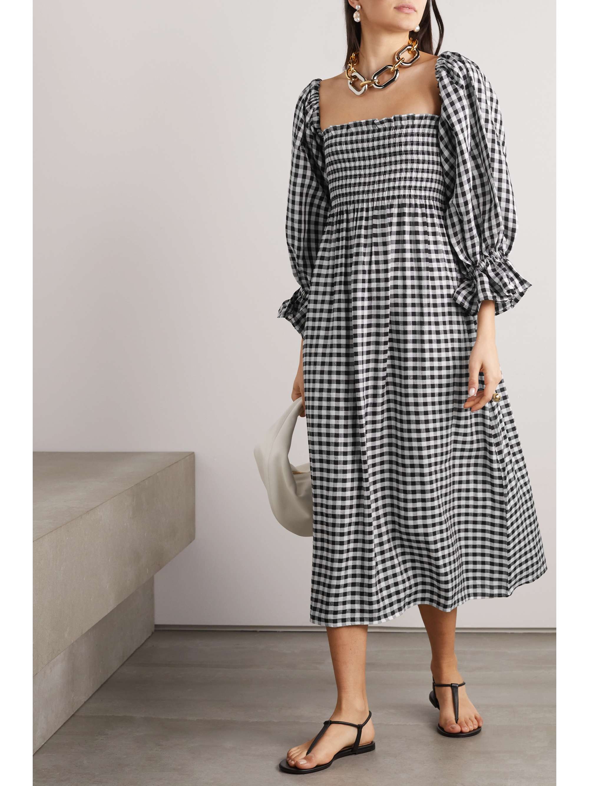 Sleeper Atlanta Off-The-Shoulder Shirred Gingham Linen-Blend Midi Dress |  Net-A-Porter