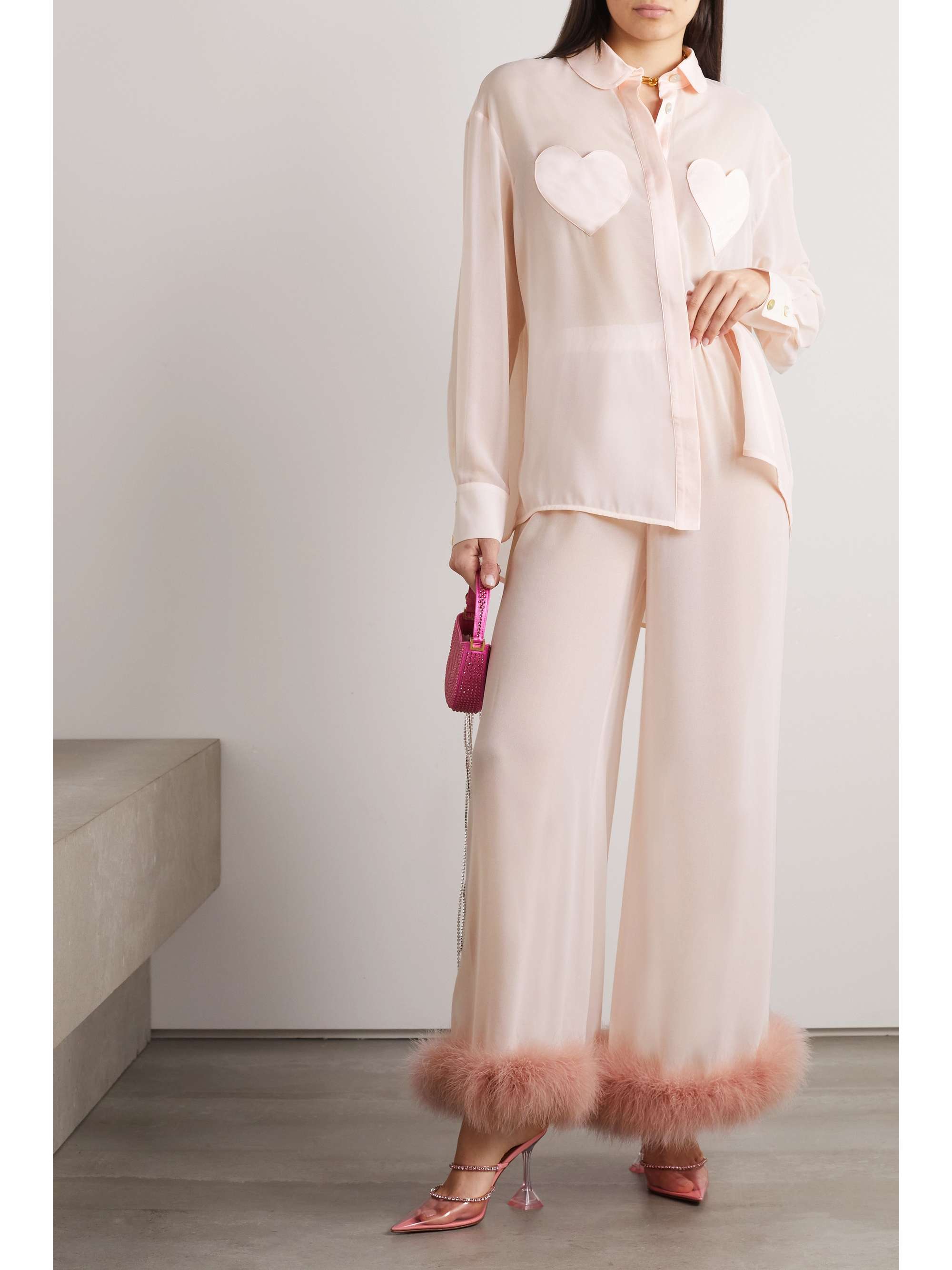 SLEEPER Feather-trimmed appliquéd chiffon pajama set | NET-A-PORTER