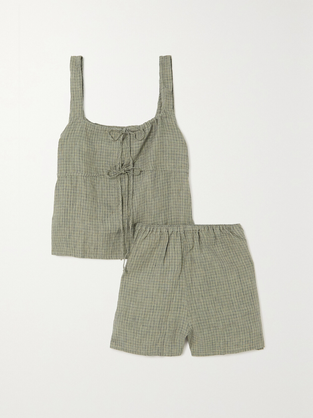 Deiji Studios - The Rise Short Gathered Checked Linen Top And Shorts Set - Green