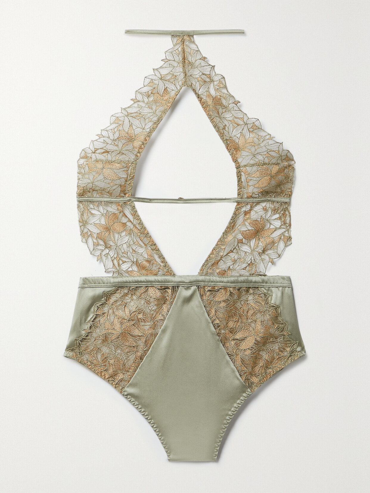 Coco de Mer - Clarivel Cutout Paneled Satin And Embroidered Tulle Bodysuit - Green