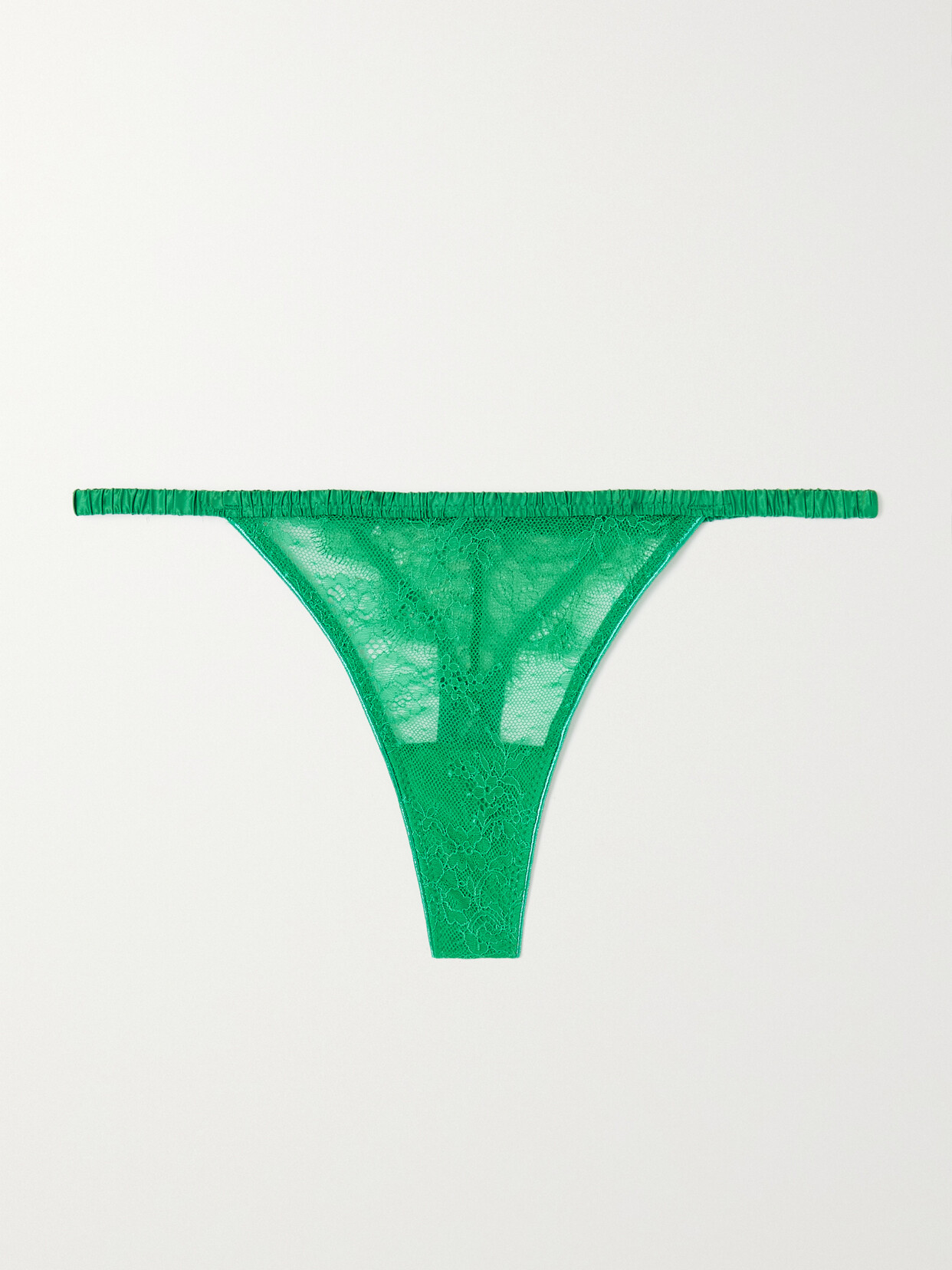 LOVE STORIES Roomservice Stretch Satin-trimmed Lace Thong - Green