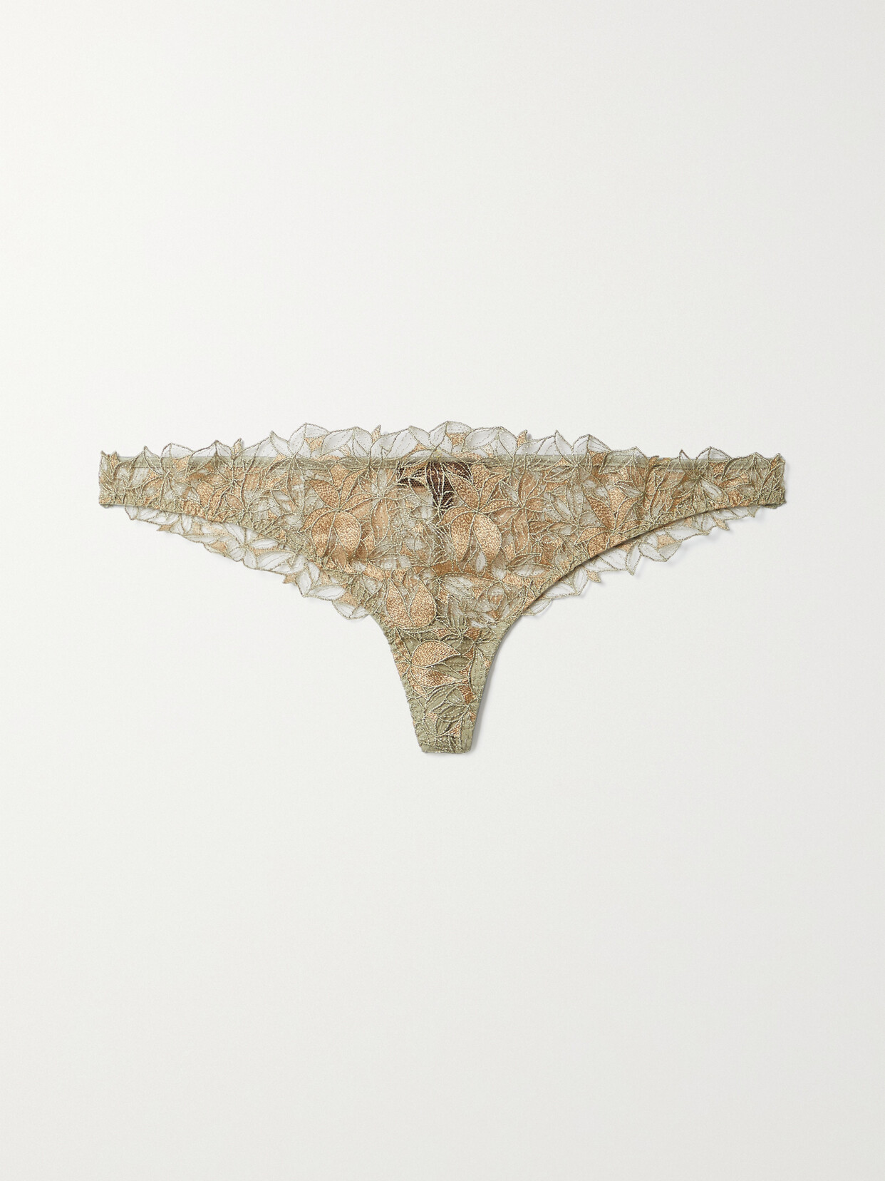 Coco de Mer - Clarivel Satin-trimmed Embroidered Tulle Thong - Green