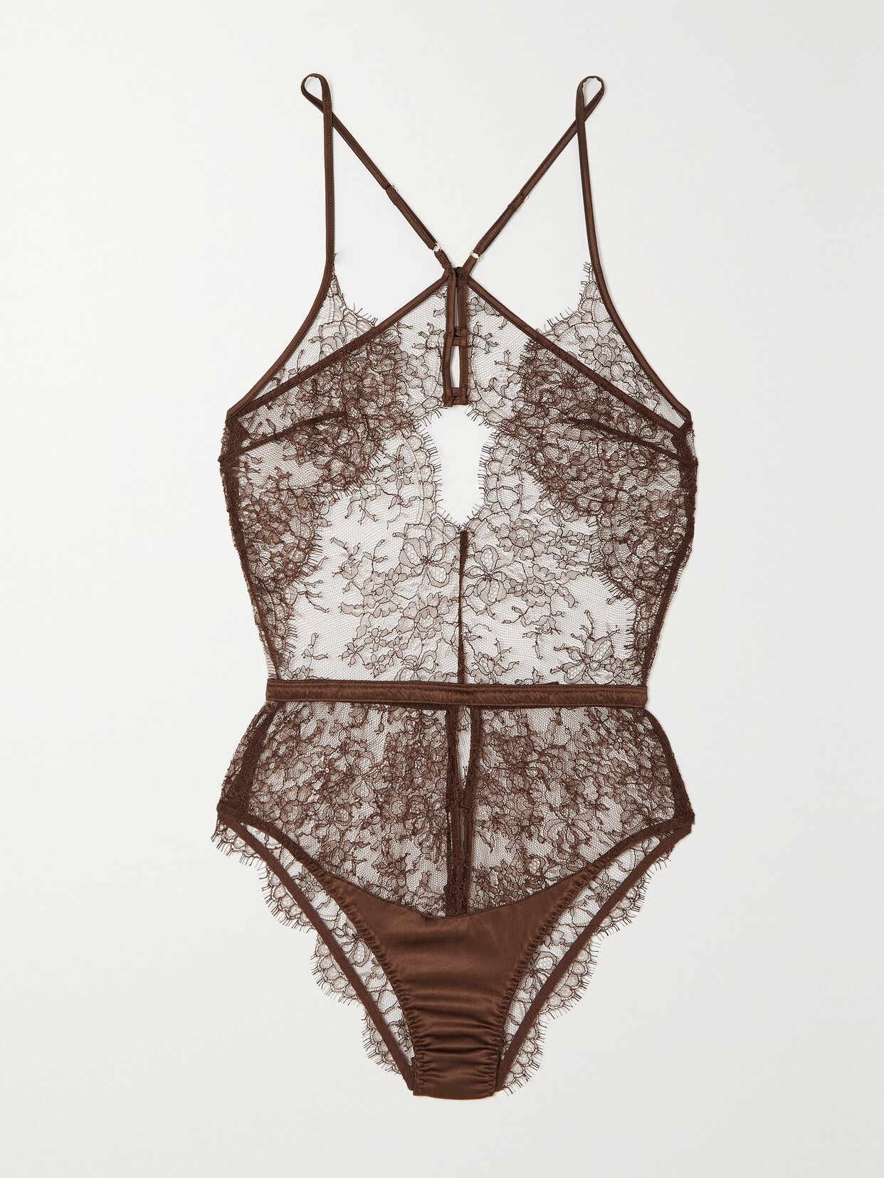 Coco de Mer - Mickalene Scalloped Silk-trimmed Chantilly Lace Bodysuit - Brown