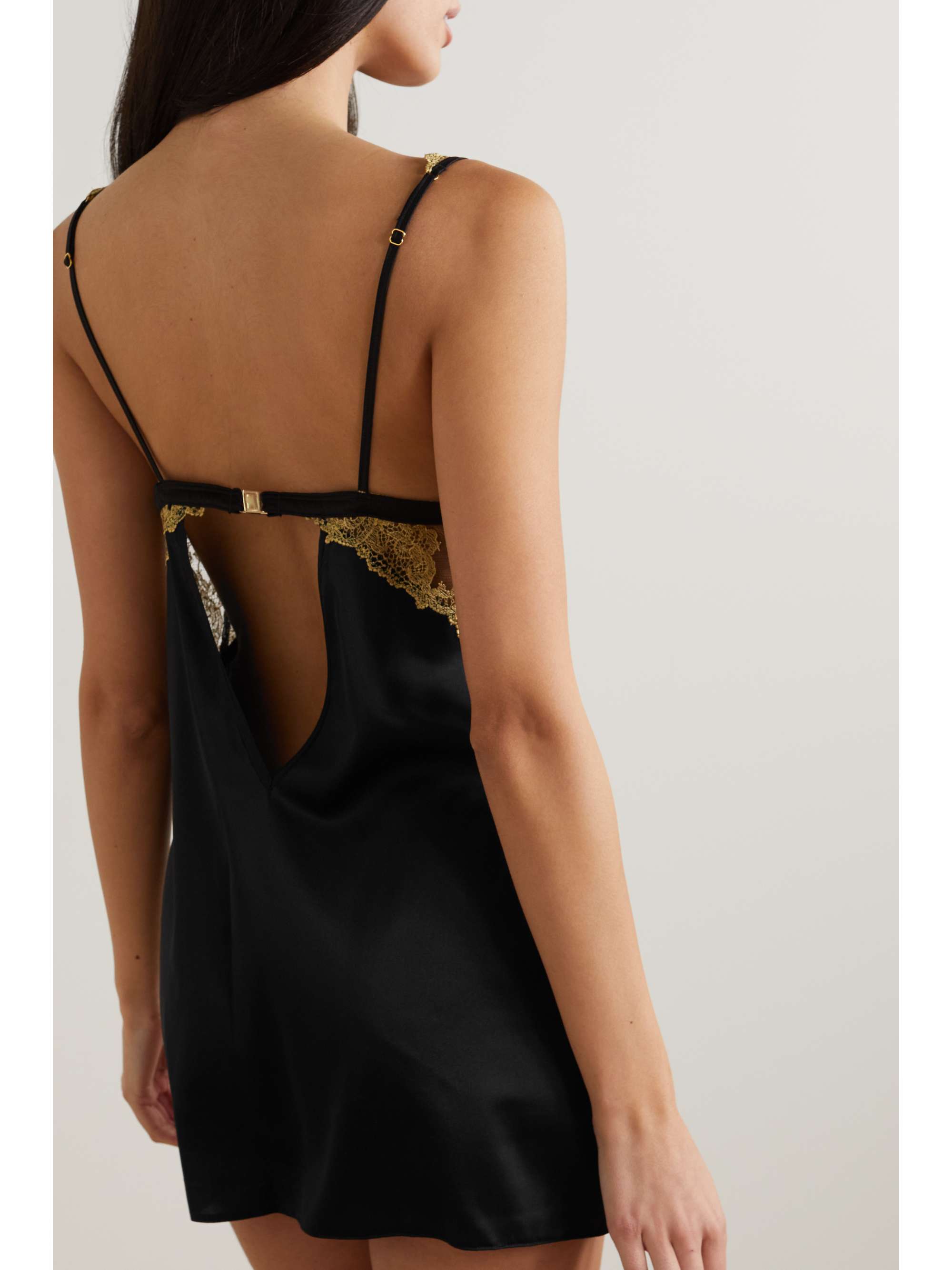 COCO DE MER Olympia cutout satin and metallic embroidered tulle chemise