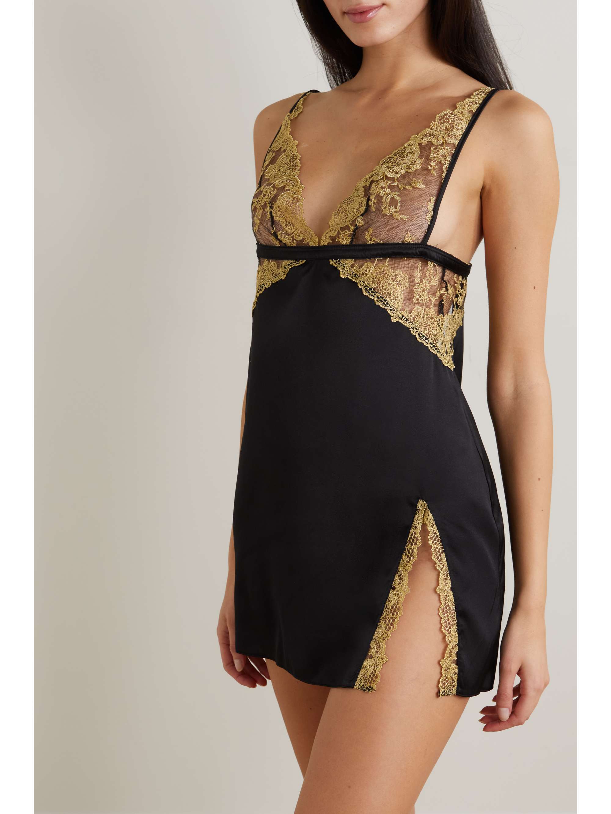 COCO DE MER Olympia cutout satin and metallic embroidered tulle chemise