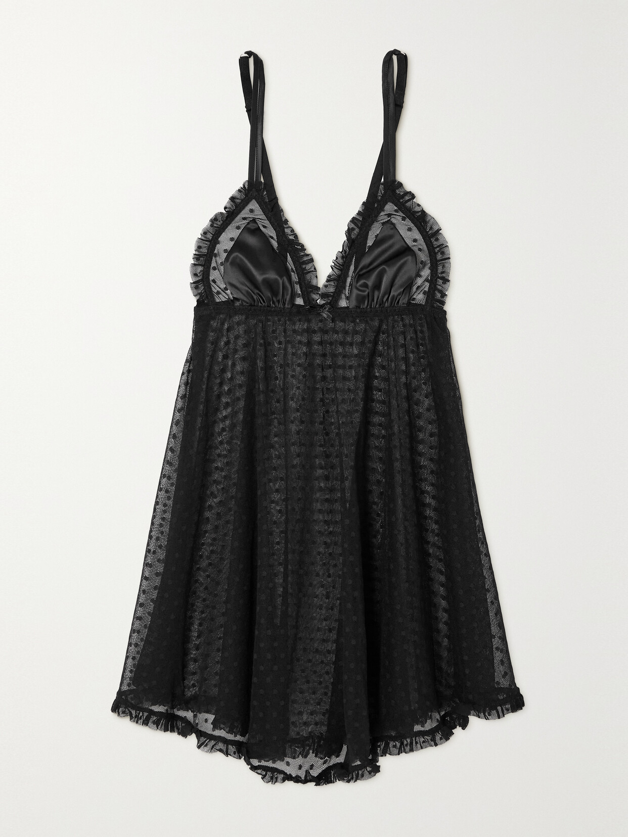 Coco de Mer - Sadie Ruffled Satin-trimmed Polka-dot Stretch-tulle Chemise - Black